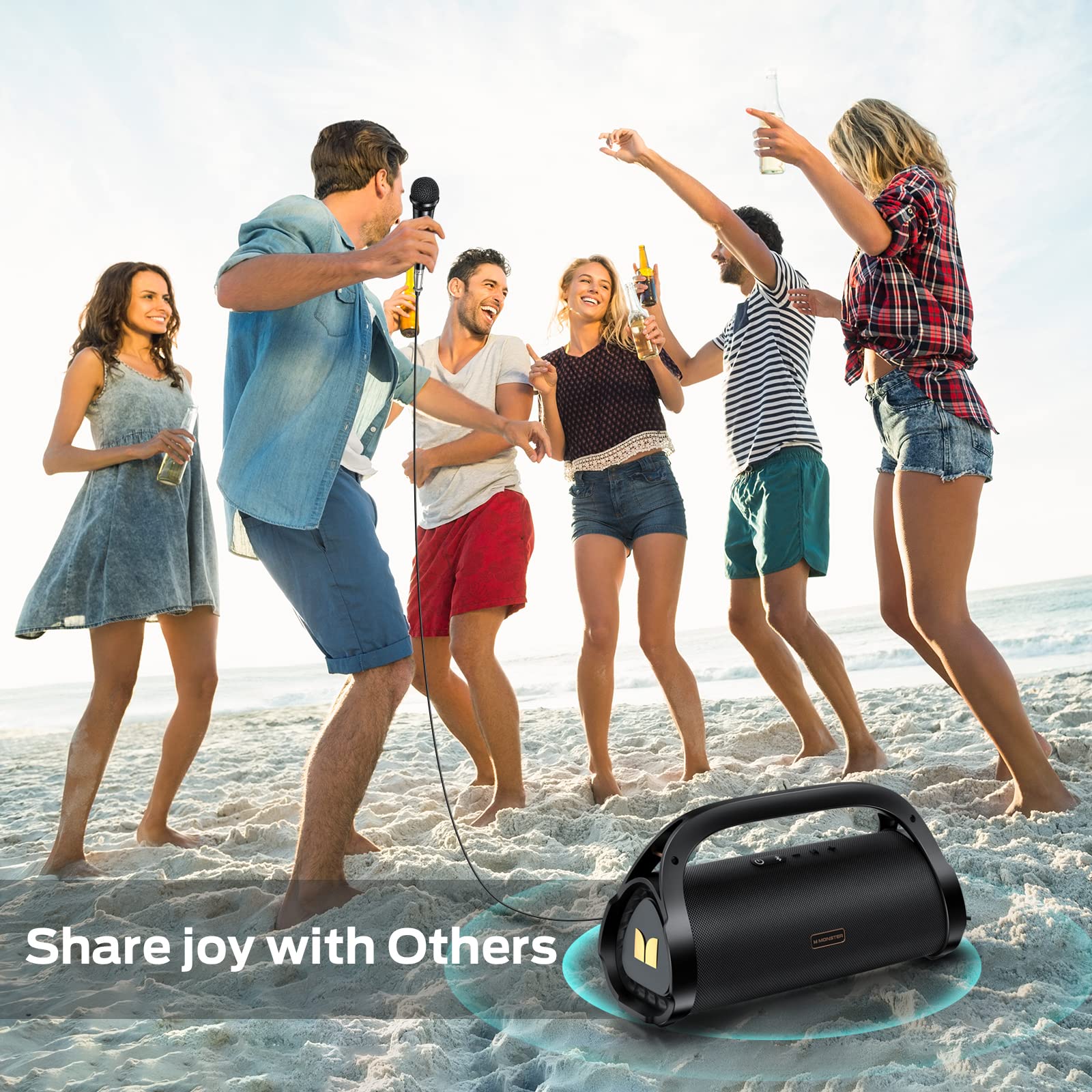 Monster Adventurer Max Portable Bluetooth Speaker - IPX7 Waterproof Wireless Speaker with Dual Subwoofers & 100W Stereo Sound | 24H Playtime for Outdoor, Pool, Beach, Camping & Parties (Gold)
