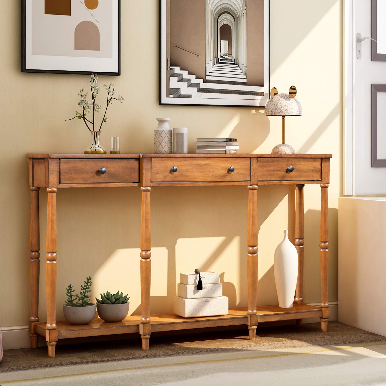 V-HOME Solid Wood Console Table with Drawers & Storage Shelf - Classic Entryway Sofa Table for Hallway, Living Room, Bedroom - Brown (58.07x11.02x33.86 inch) - Perfect for Small Spaces, Home Decor & Organizing Keys, Mail & Essentials