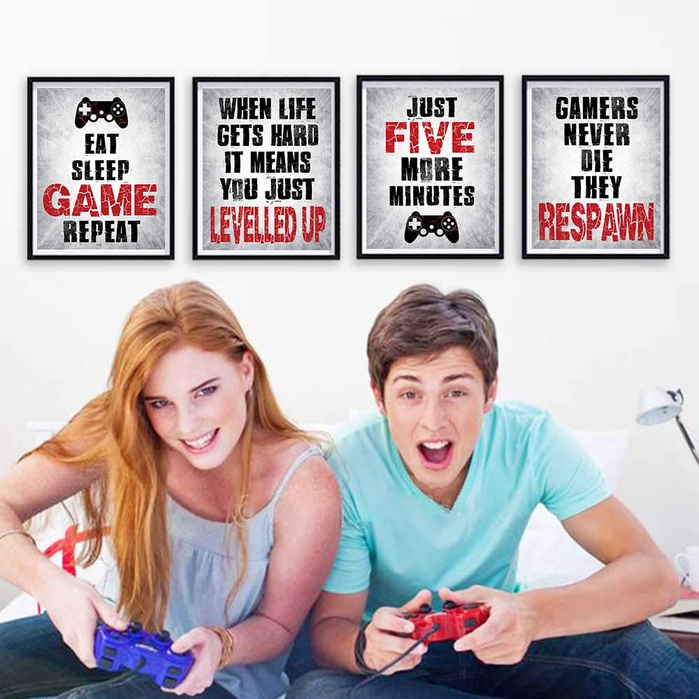 Gamer Wall Art Set of 4 - 8”X10” Video Game Room Decor for Boys & Teens - Motivational Quote Prints for Bedroom, Kids Room & Gaming Space - Perfect Gift for Gamers & Sons - No Frames Included (Ideal for Gaming Rooms, Teen Bedrooms & Gamer Gifts)