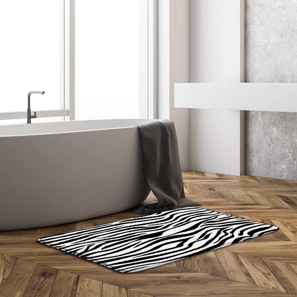 Zebra Print Bath Mat - Black and White Stripes Memory Foam Bathroom Rug, 16x48 Inch, Non-Slip Floor Mat for Bathroom, Kitchen, Dorm Decor - Wildlife Safari Animal Theme Home Accessories