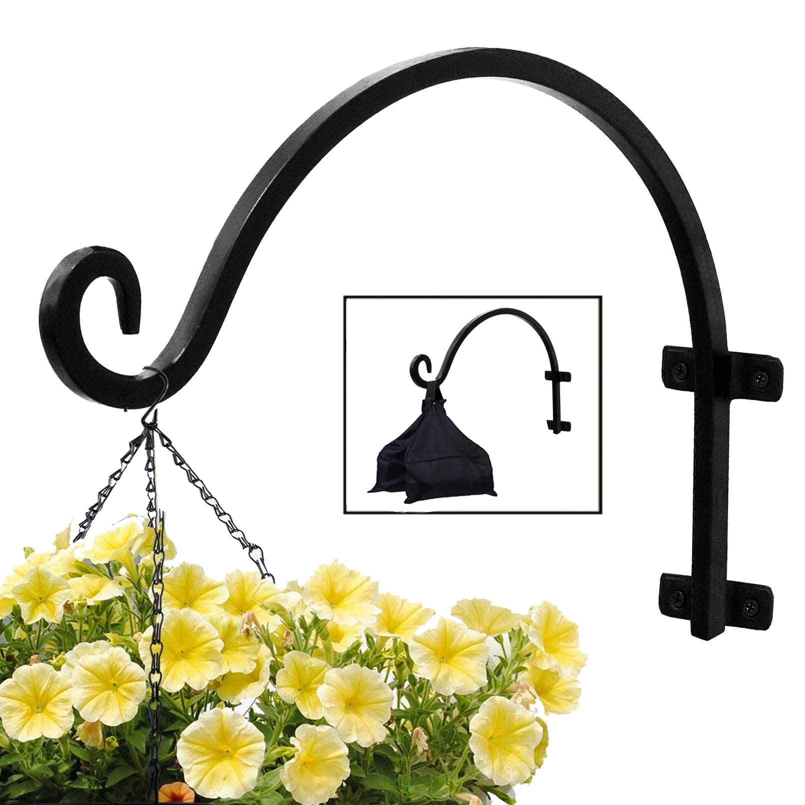 16 Inch Black Heavy Duty Iron Plant Hook - Rust-Resistant Outdoor Hanging Basket Hook with Screws Included for Plants, Lanterns & Wind Chimes - Perfect for Garden, Patio, Balcony and Porch Decor