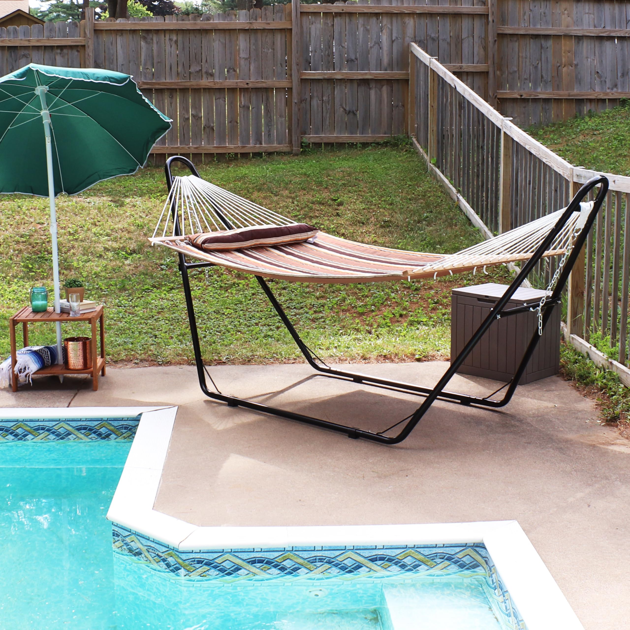 Sunnydaze Double Quilted Fabric Hammock with Universal Steel Stand - 450lb Weight Capacity - Black Stand - Perfect for Backyard, Patio, Beach & Outdoor Relaxation