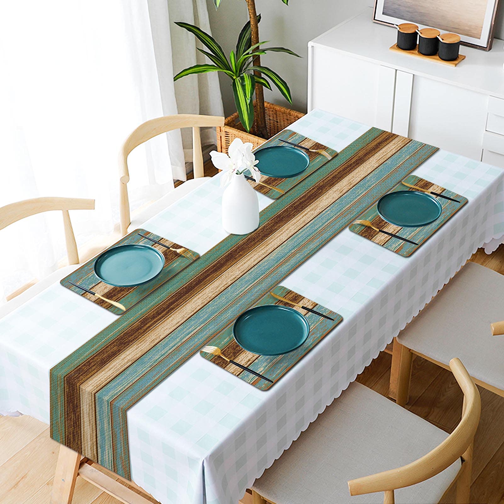 Mcalk Farmhouse Table Runner & 6-Piece Placemats Set - Teal & Brown Wooden Texture Rectangular Linen Placemats - Washable Kitchen & Dining Table Decor for Farmhouse, Rustic, or Modern Home Style - Perfect for Everyday Meals, Dinner Parties, and Holiday Gatherings