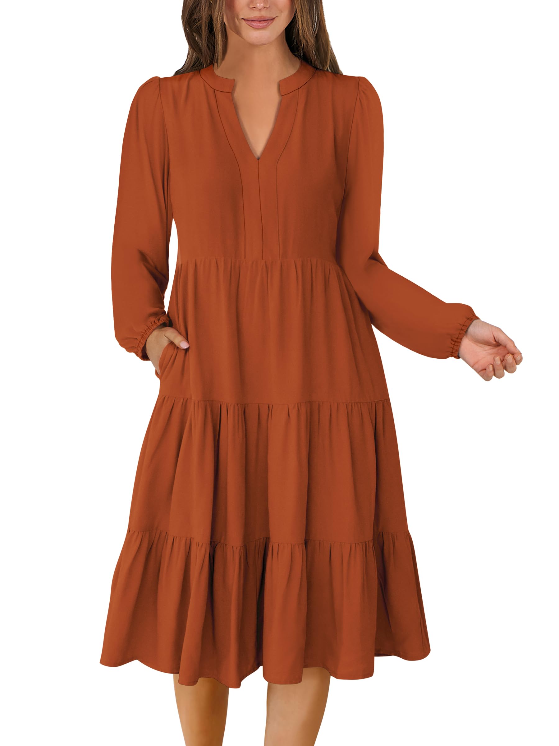 ANRABESS Women's Long Sleeve V-Neck Flowy Swing Dress - Loose Fit Tiered Casual Dress for Spring 2025 | Perfect for Vacation, Beach, Date Night & Everyday Wear