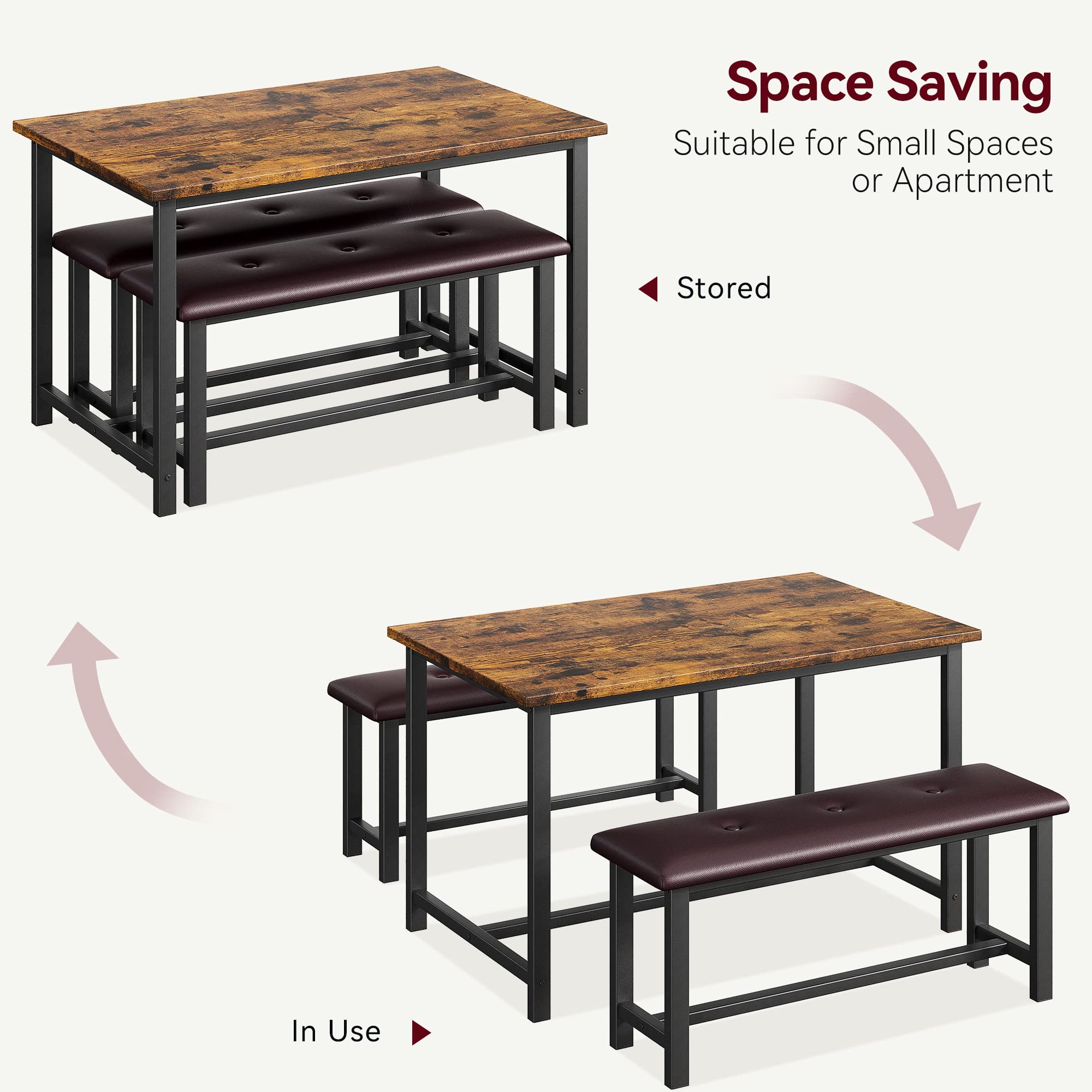 Alkmaar Retro Brown Kitchen Table Set with 2 Upholstered Benches for 4, Metal and Wood Rectangular Dining Table for Small Spaces, Apartments, Perfect for Cozy Breakfasts and Intimate Dinners
