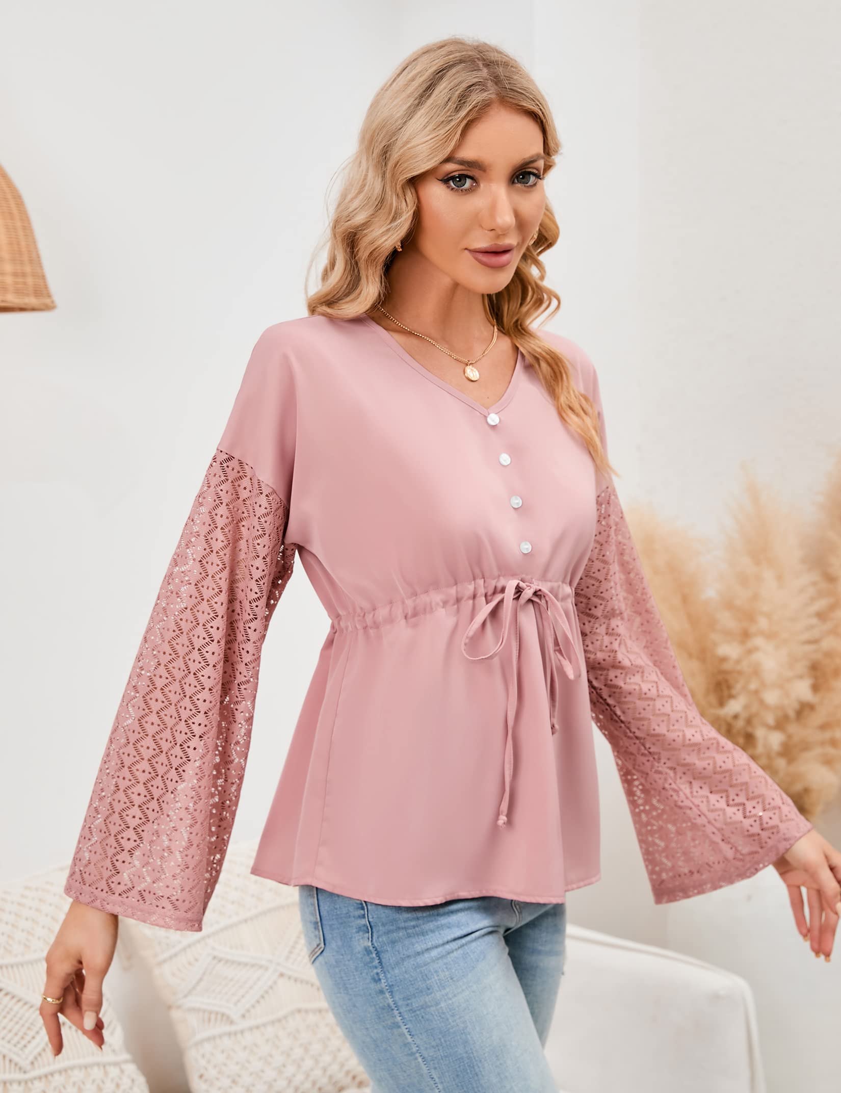 KOJOOIN Women's Lace Long Sleeve Blouse - V Neck Ruched Tunic Top with Puff Sleeves for Business Casual & Office Wear | Loose Fit Comfortable Shirt for Work, Date Night & Special Occasions