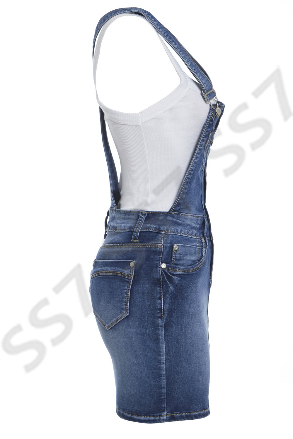 Women's Skinny Denim Dungaree Dress - Mid Blue Stretch Jumpsuit, Sizes 8-14 | Casual Outfit for Spring & Summer, Date Night, Streetwear Fashion