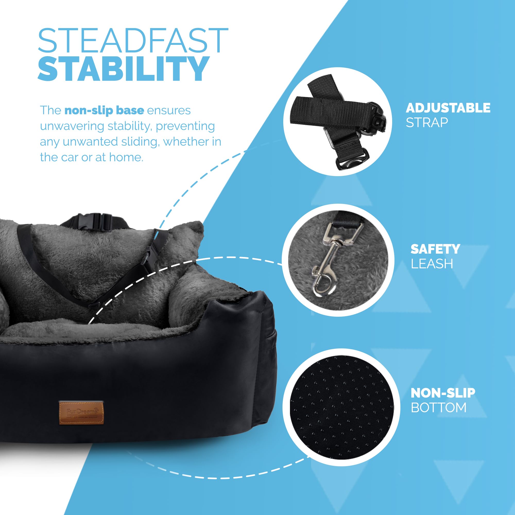 Premium Plush Dog Car Seat for Small Dogs & Cats - Soft & Cozy Pet Booster Seat with Safety Leash, Storage Pocket, Waterproof Liner & Non-Slip Base - Perfect for Travel, Road Trips & Daily Commutes (Black/Grey)
