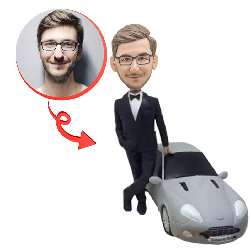 Custom Black Suit Man & Luxury Car Bobblehead - Personalized Office Desk Decor, Car Enthusiast Gift, Executive Toy for Home & Workplace