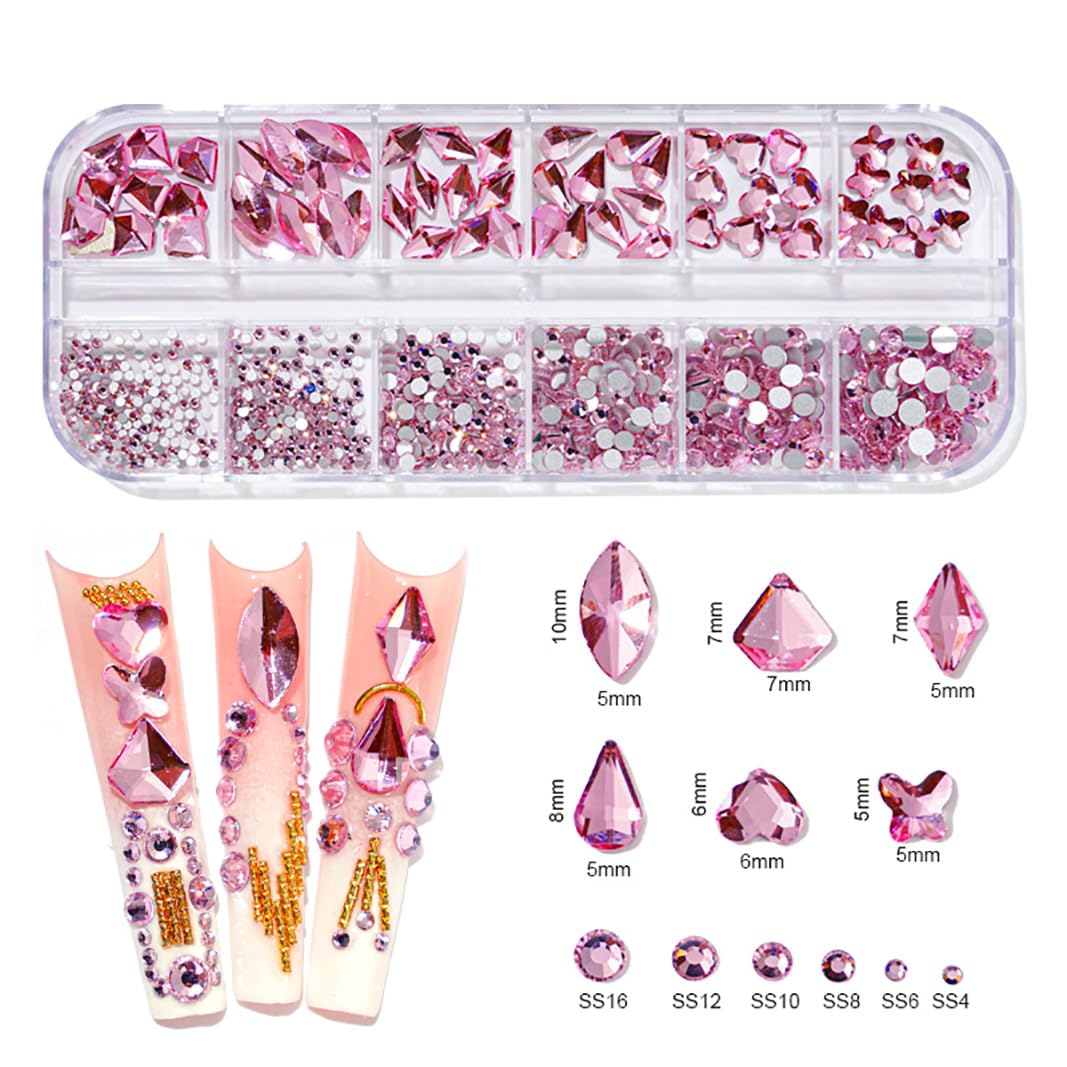 1620pcs Pink Rose AB Flat Back Rhinestones for Nails - Crystal Nail Gems, Glass Beads for Acrylic Nails & Nail Art - Perfect for DIY Manicure, Wedding Nails, Salon Decorations
