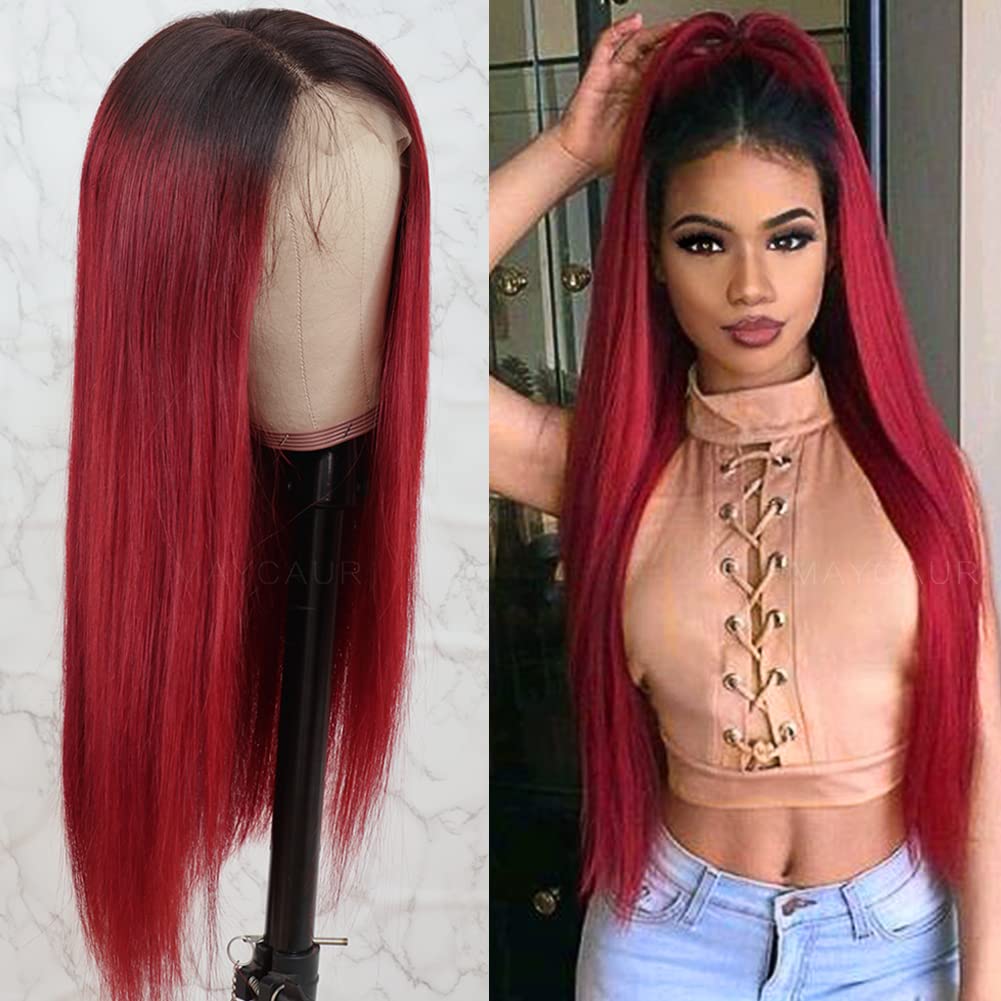 Maycaur Red Ombre Human Hair Lace Front Wig - Silky Straight #1B/Red Full Lace Wig with Baby Hair 130% Density (20 Inch) | Perfect for Cosplay, Daily Wear & Special Occasions