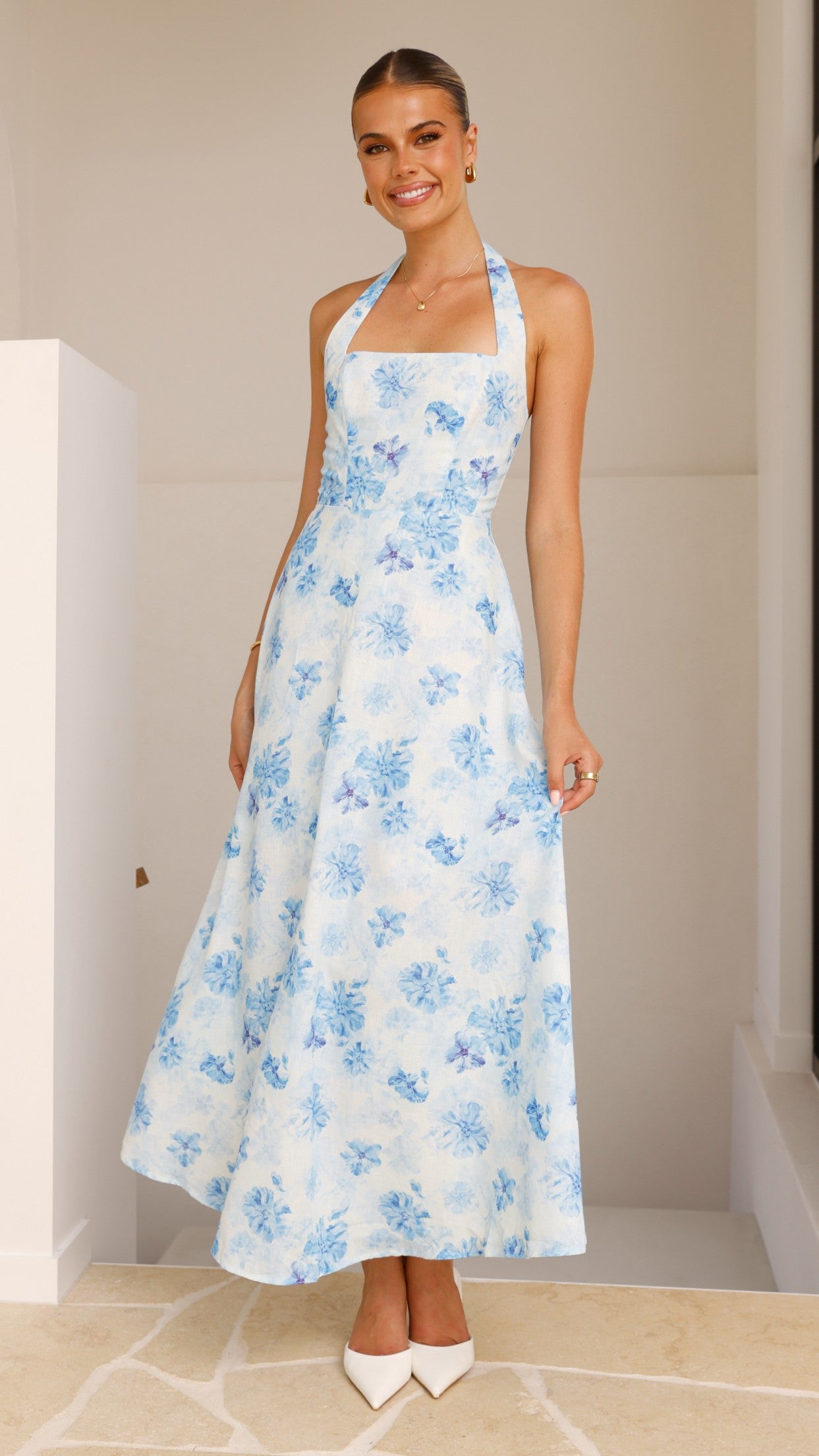 Mady Maxi Dress - Blue Floral Print Long Summer Dress for Women, Beach Vacation & Casual Outings