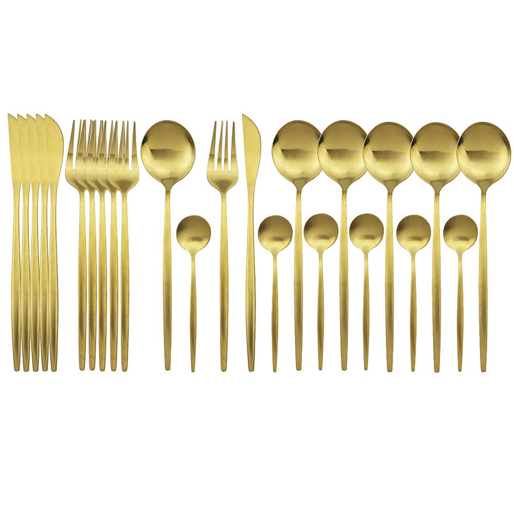 Premium 24-Piece Matte Gold Stainless Steel Flatware Set - Service for 6, Elegant Dinnerware Cutlery for Formal Dining & Special Occasions