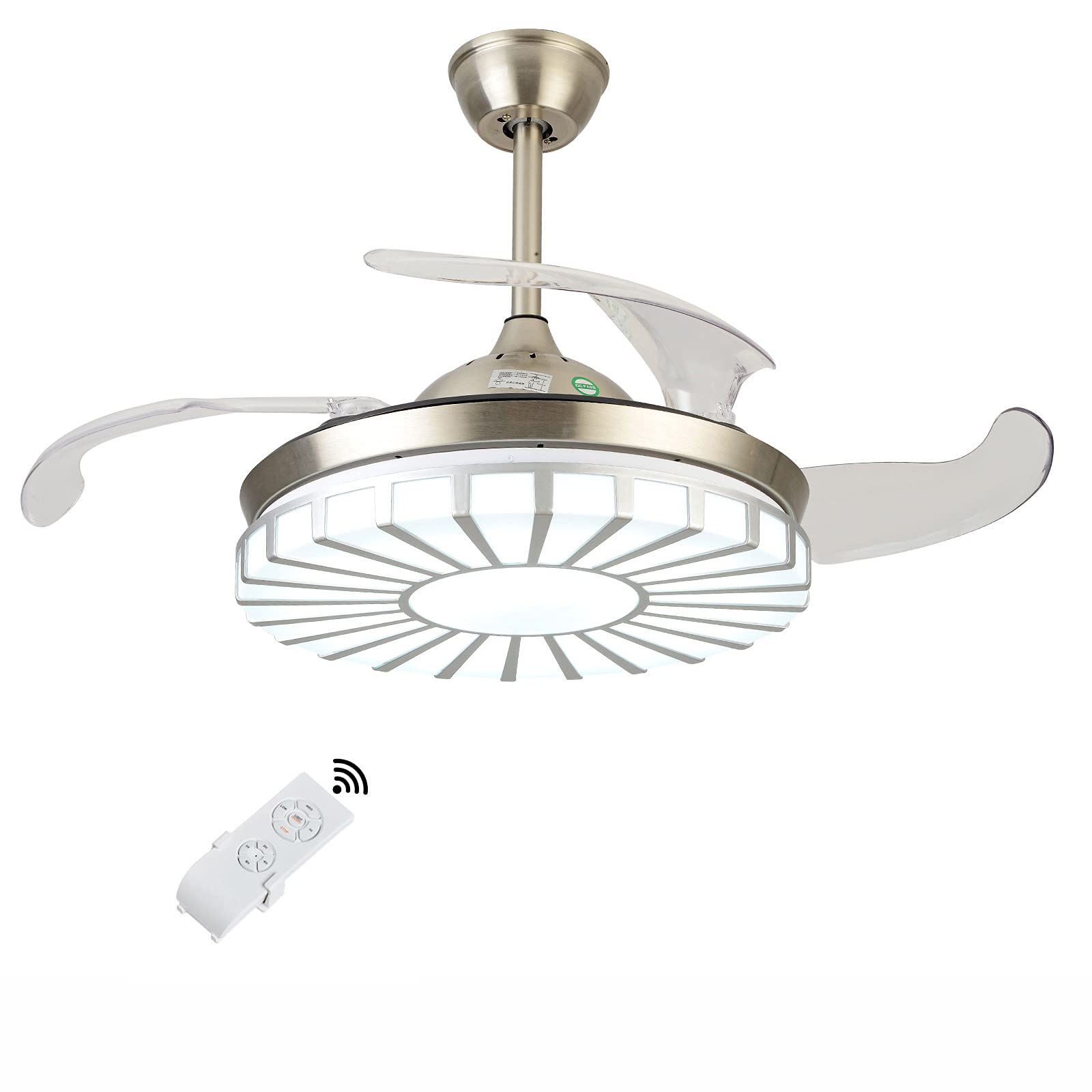 42'' Retractable LED Ceiling Fan with Light - 3 Color & 3 Speed Adjustable, Remote Control, Modern Acrylic Design, Ultra Quiet - Perfect for Bedroom, Living Room, Dining Room - Energy Efficient Cooling & Stylish Lighting Solution