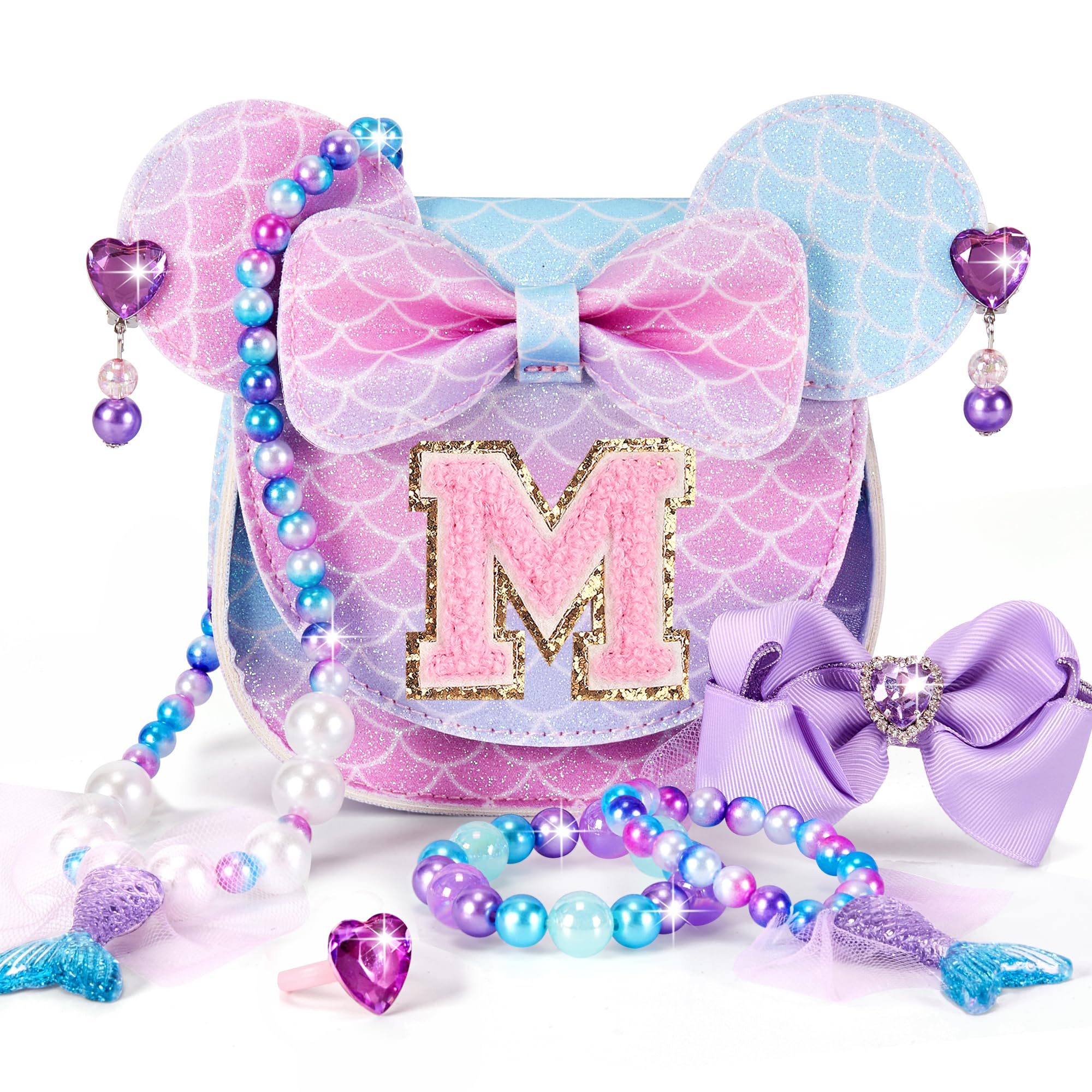 **Adorable Mermaid Toddler Purse Set for Girls Age 3-8 - Princess Dress Up Jewelry & Mini Mouse Ears - Perfect Birthday Gift for Little Girls (Mermaid Purple) - Ideal for Birthday Parties, Dress Up Play & Pretend Play**