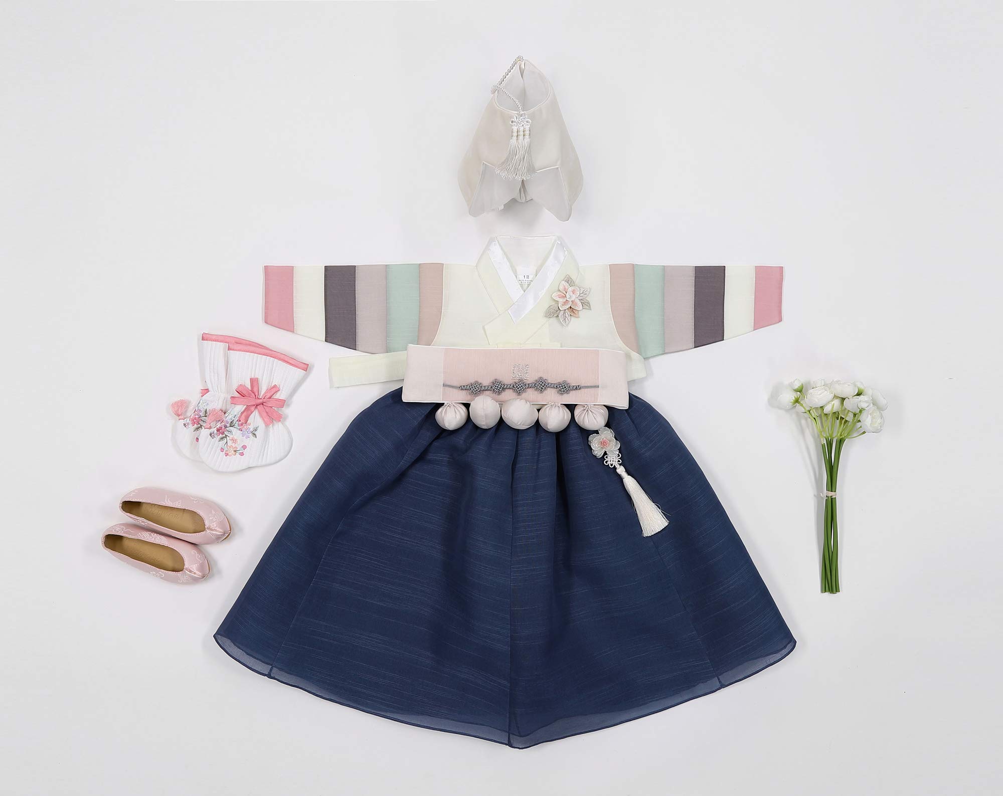 Korean Hanbok Dress for Baby Girl - Traditional Korean First Birthday Outfit, 100th Day Celebration, Ivory & Navy, Sizes 1-15 Years | Perfect for Doljanchi, Cultural Events & Photoshoots
