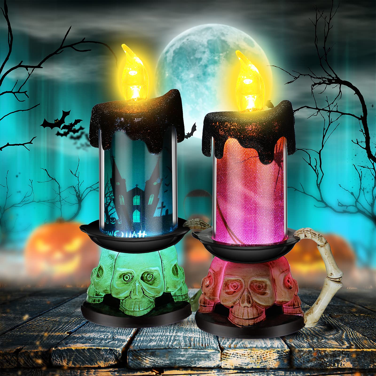 Halloween LED Flameless Candles - 2 Pack Snow Globe Skull Candles with Battery Operated Lights for Window, Table & Home Decor | Spooky Centerpiece for Halloween Party Supplies & Seasonal Decorations