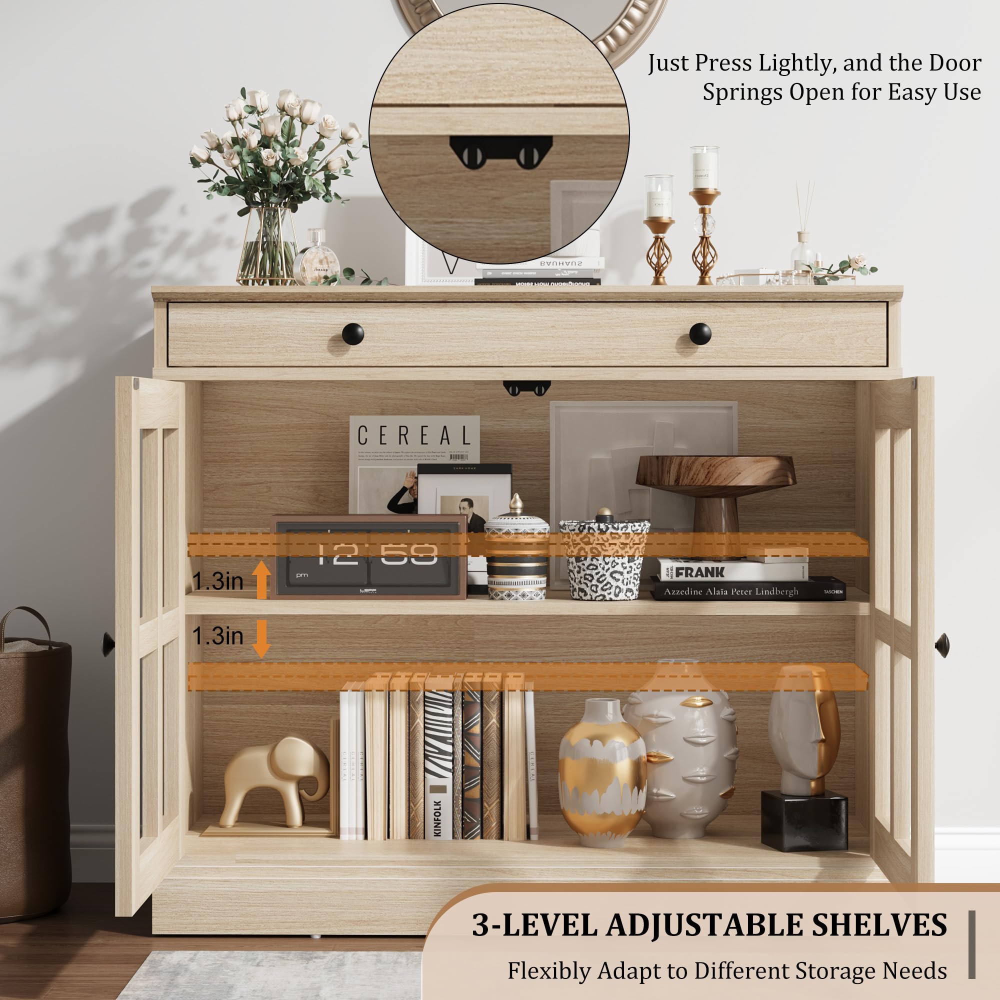 GARVEE 35.4 Inch Modern Sideboard Buffet Cabinet with Storage & Glass Door - Kitchen Coffee Bar Cabinet with Drawers - Oak Wood Buffet for Living Room, Dining Room & Kitchen - Perfect for Entertaining & Home Organization