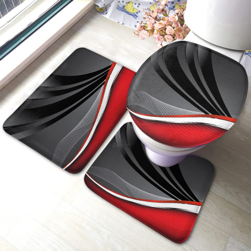 Swono Stylish Abstract 3-Piece Bathroom Rug Set - Red & Black U-Shaped Contour Rug, Toilet Lid Cover & Non-Slip Bath Mat with Rubber Backing | Water Absorbent, Slip-Resistant for Bathroom, Toilet & Shower Area