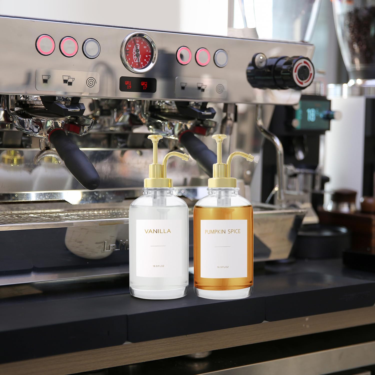 Premium 16.9OZ Glass Coffee Syrup Dispenser with Gold Pump - Barista-Grade Syrup Bottle for Coffee Shops, Cafes & Home Use - Includes 18 Professional Coffee Syrup Labels (Clear) - Perfect for Latte Art, Iced Coffee & Specialty Drinks