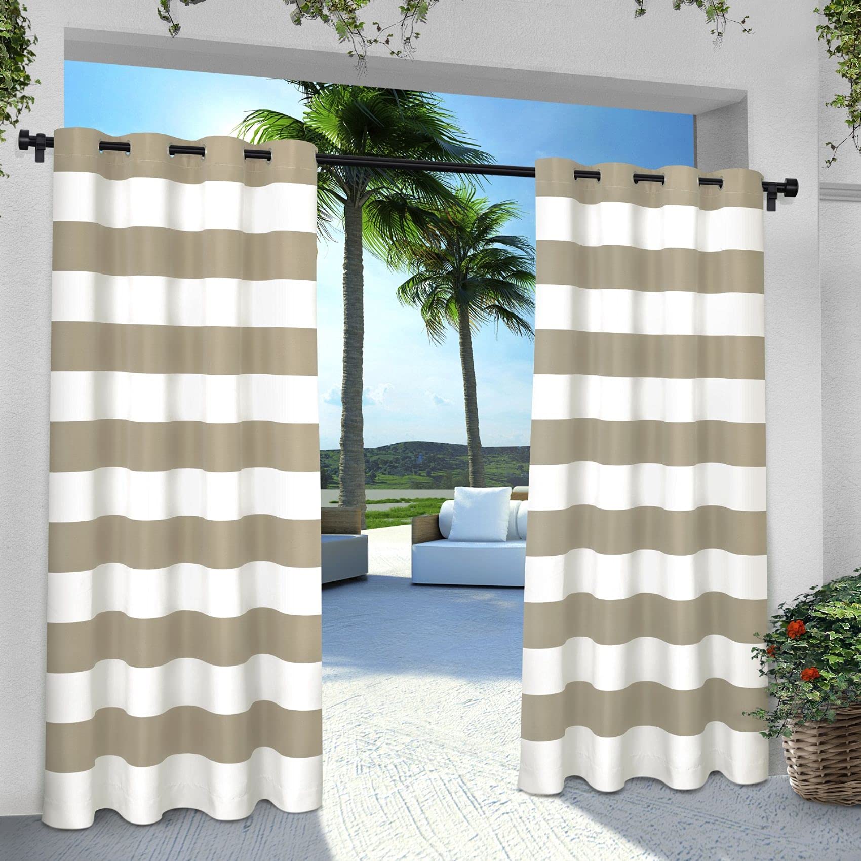Premium Taupe Striped Cabana Curtain Panels - Set of 2 (54x84 Inches) - Light Filtering Grommet Top for Indoor & Outdoor Use - Perfect for Patio, Sunroom, and Living Room Window Treatments