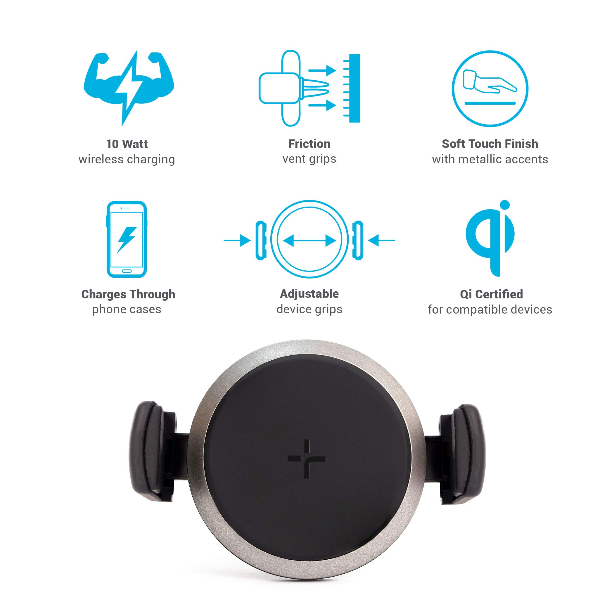 TYLT Venti 10W Qi-Certified Wireless Car Charger - Auto Clamping Air Vent Phone Mount for iPhone, Samsung & Qi Devices | Fast Charging Car Holder for Safe Driving & Hands-Free Navigation