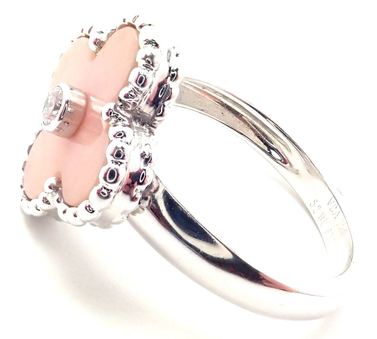 Authentic Van Cleef & Arpels Alhambra 18k White Gold Pink Opal Diamond Ring - Luxury Jewelry for Weddings, Anniversaries & Special Occasions