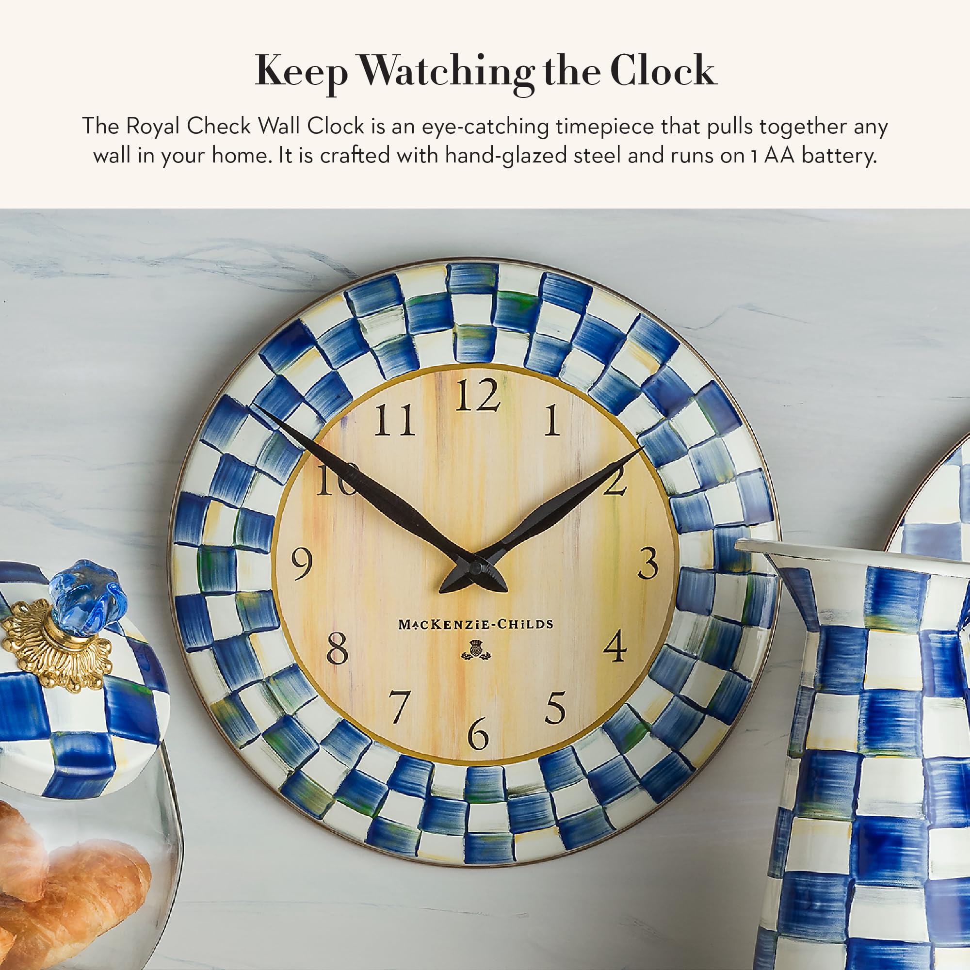 MACKENZIE-CHILDS Blue and White Royal Check Wall Clock - Elegant Decorative Clock for Kitchen, Living Room, Bedroom & Office Decor | Perfect Gift for Housewarming, Birthday & Home Interior Design
