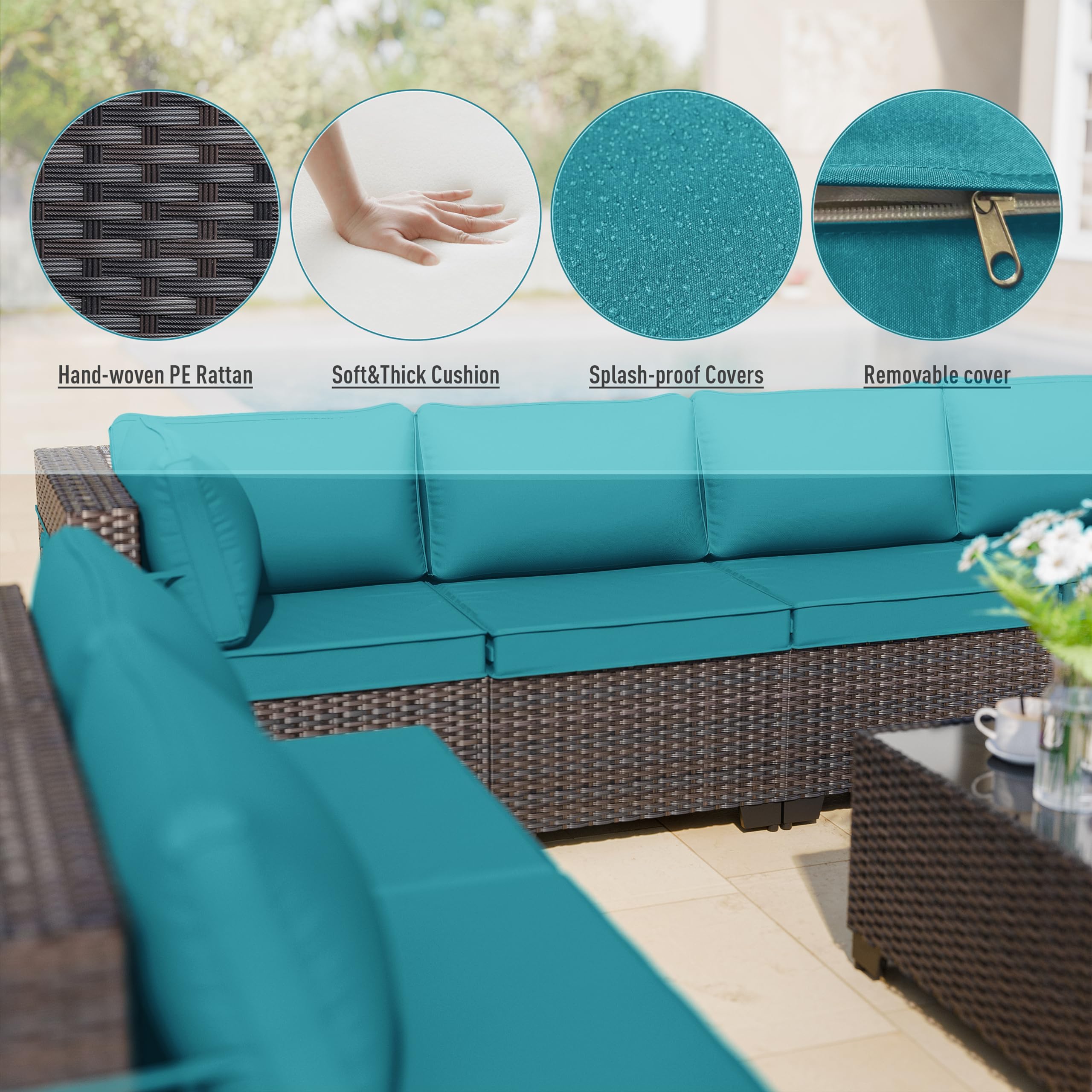 5-Piece All-Weather Patio Furniture Set - Blue Rattan Wicker Outdoor Sectional Sofa with Thick Cushions & Glass Coffee Table - Perfect for Backyard, Garden, Poolside or Deck Relaxation