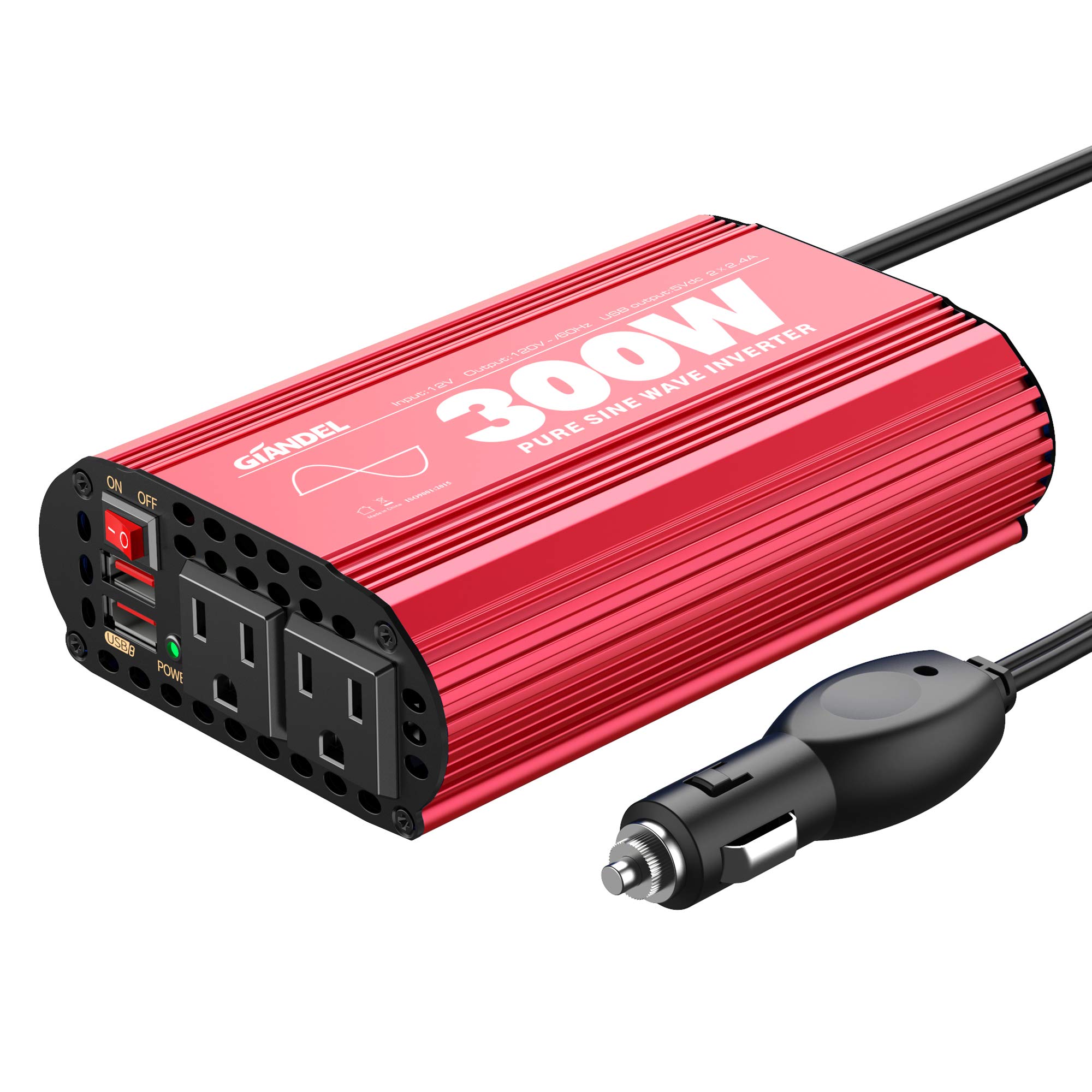 300W Pure Sine Wave Power Inverter 12V DC to 120V AC with Dual USB Ports - Car Power Converter for Laptops, Smartphones, Tablets - Perfect for Road Trips, Camping & Emergency Power Outages