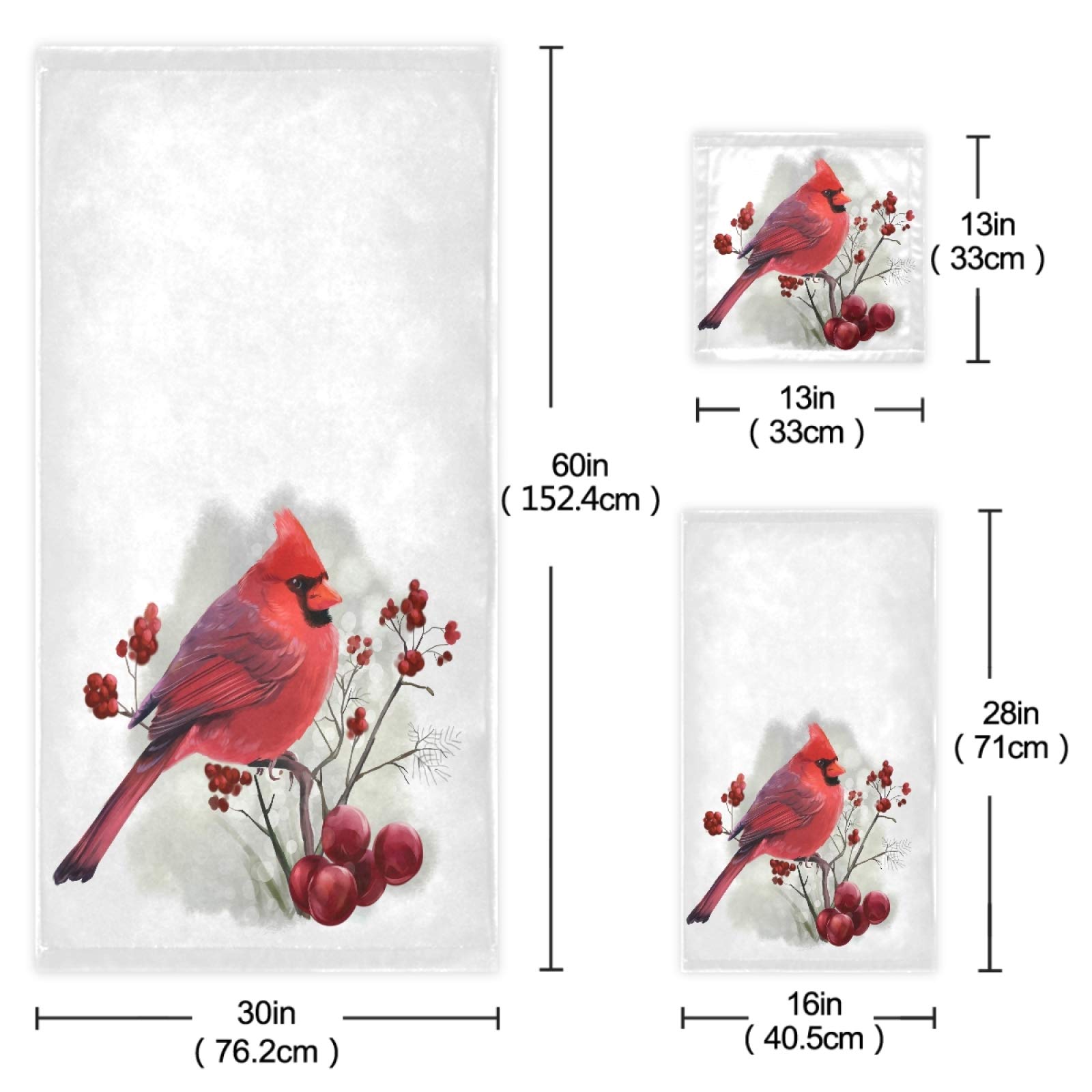 Premium 3-Piece Berry Branch Cardinal Christmas Towel Set - Soft Luxury Bath Towel, Hand Towel & Washcloth for Bathroom, Hotel, Gym, Spa, Kitchen | Holiday Decor & Gift Idea