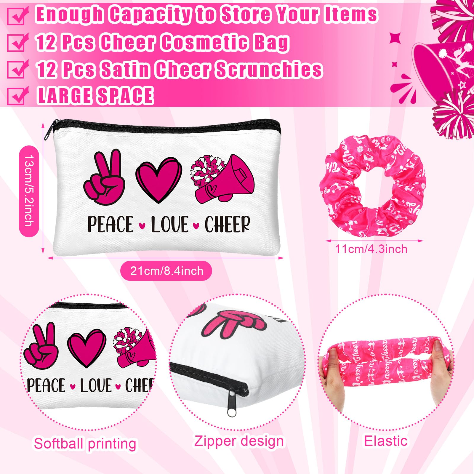48 Pcs Sports Team Gift Set - 12 Makeup Bags, 12 Hair Scrunchies, 12 Lip Balms & 12 Lip Balm Holders - Perfect for Cheerleaders, Ball Players & Team Accessories - Great for Game Days, Team Events & Sports Gifts