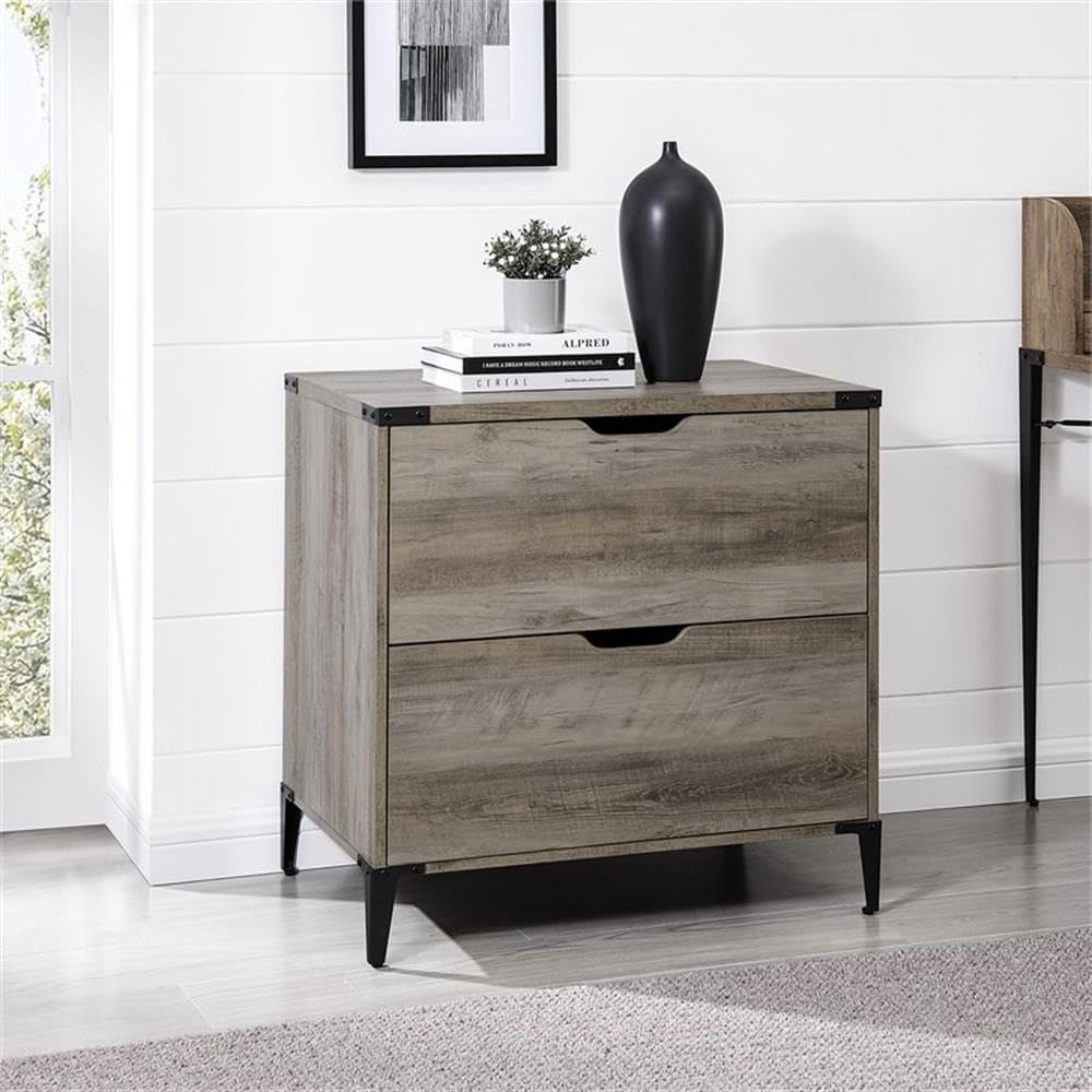 Walker Edison Harrison Modern Farmhouse 2-Drawer Angle Iron Filing Cabinet, 30 Inch Grey Wash - Stylish Home Office Storage for Documents & Supplies