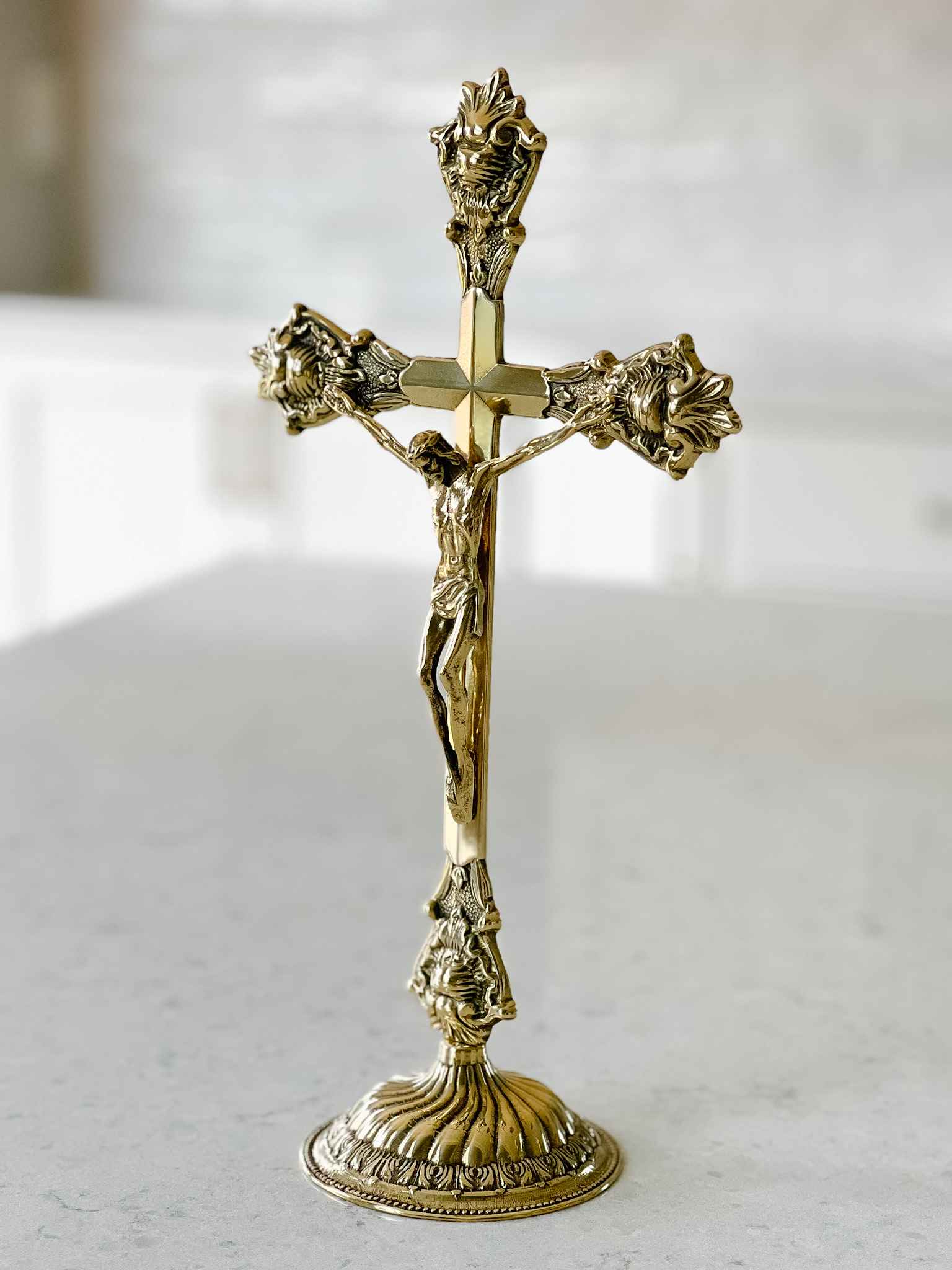 Standing Crucifix Grande - Polished Brass Religious Cross for Home Altar, Church Decor, and Prayer Spaces