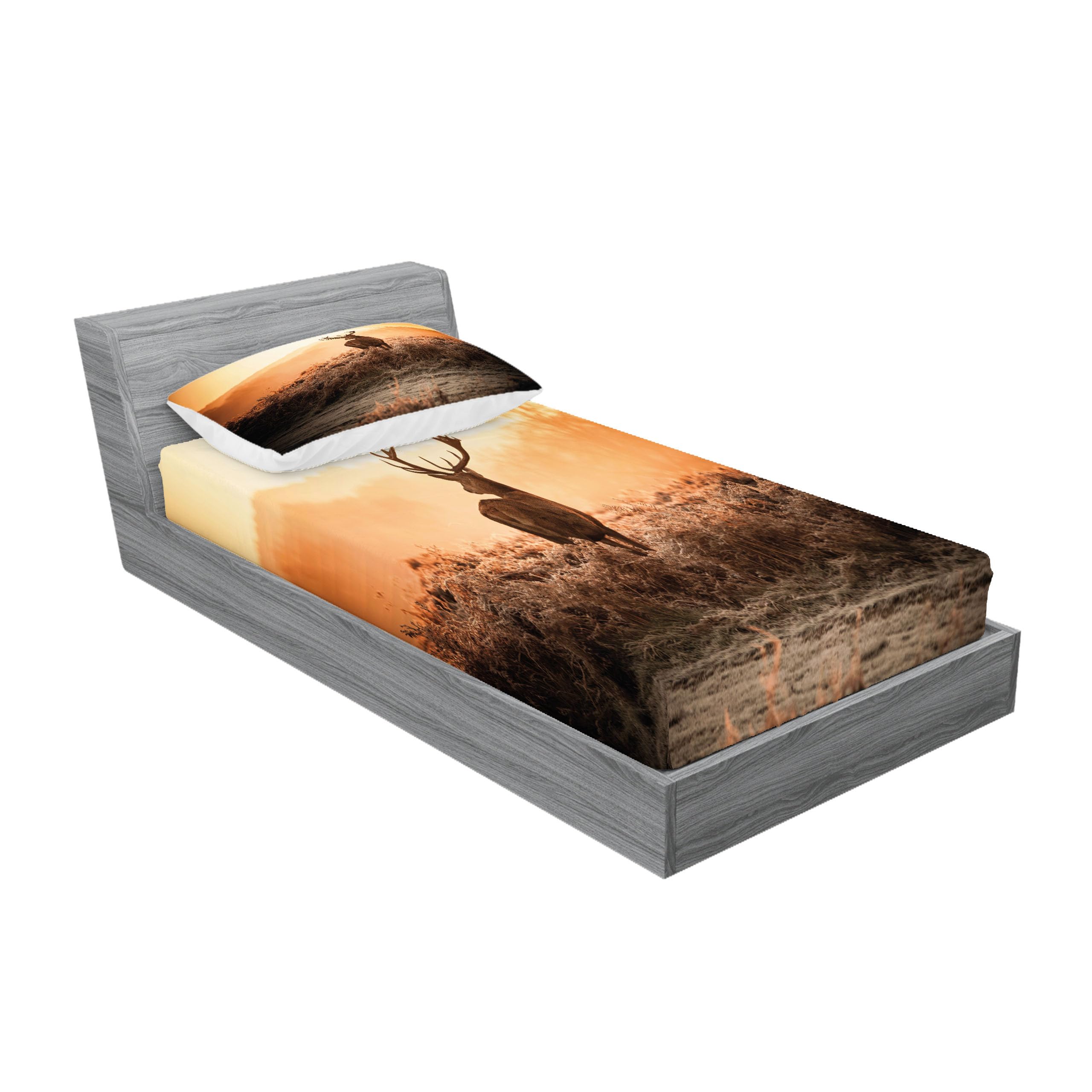 Ambesonne Hunting Themed Fitted Sheet & Pillow Sham Set - Red Deer in Morning Sun Wilderness Nature Scenery, Countryside Rural Heathers Printed 2-Piece Twin Bedding Set (Brown/Orange) - Perfect for Cabin, Lodge, or Rustic Home Decor