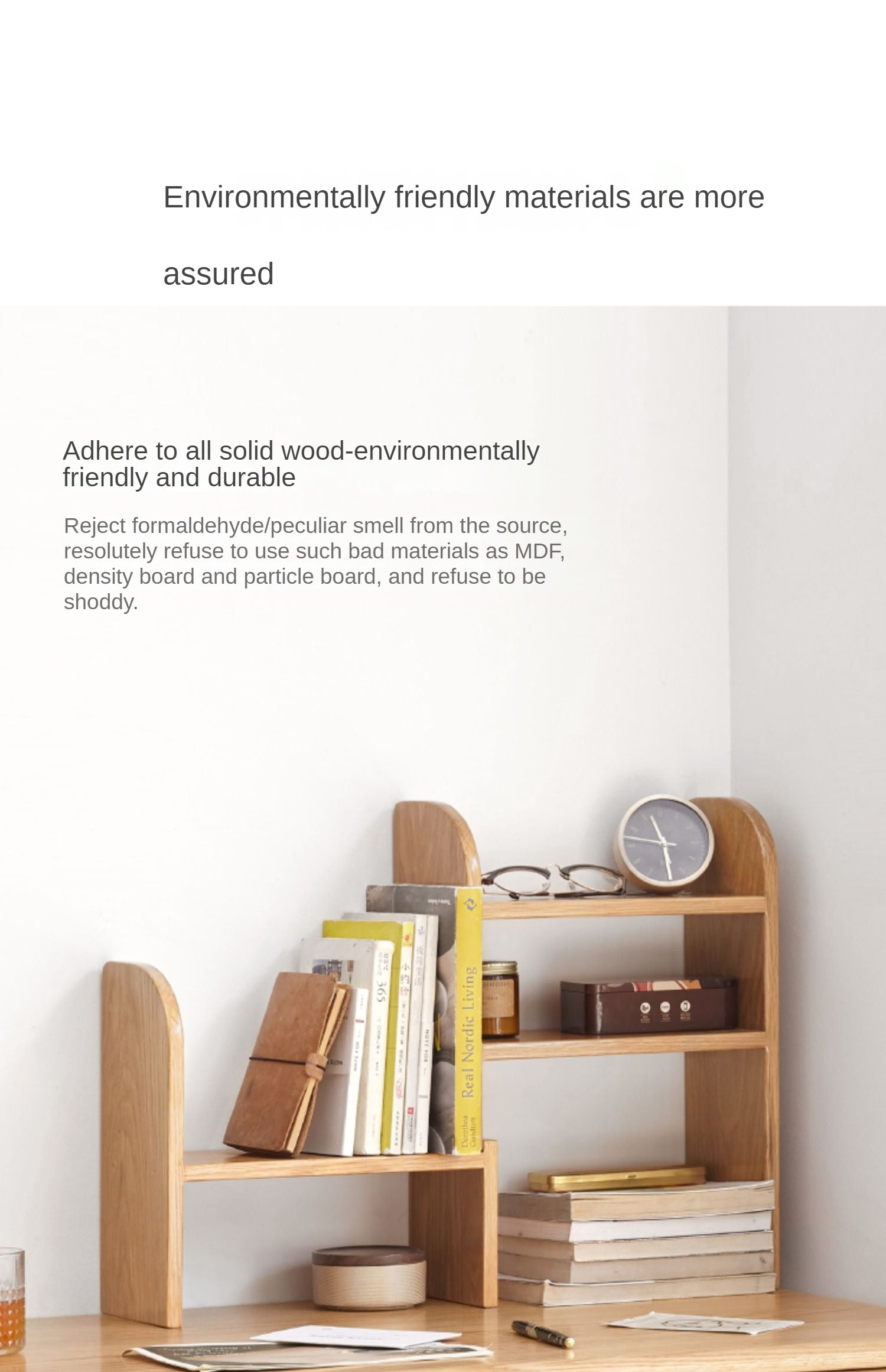 Oak Solid Wood Small Bookcase - Simple Study & Telescopic Organizing Shelf - Nordic Style Home Office & Living Room Storage Solution
