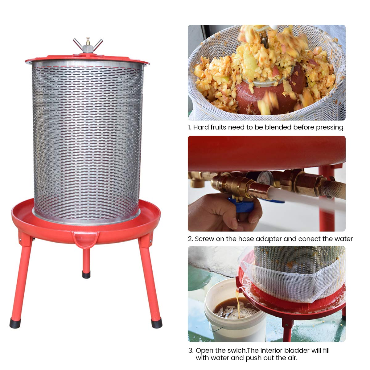 Electric-Free Hydraulic Fruit Wine Press - 5.3 Gallon Water-Powered Cider & Juice Maker with Filter Bag & Splash Guard for Apple, Grape, Berry Winemaking at Home