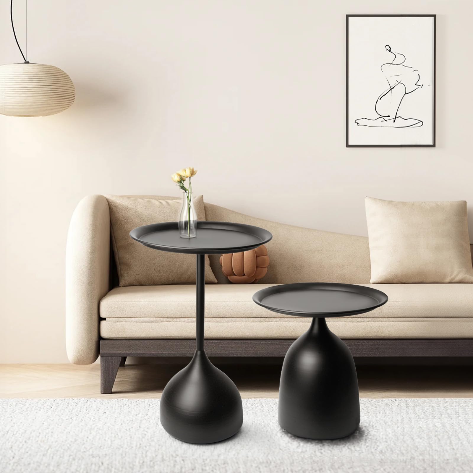 Loopo Modern Lightweight Nesting Side Tables Set of 2 - Round End & Coffee Tables with Metal Pedestal Design for Living Room, Bedroom & Office - Matt Black Home Decor Accent for Small Spaces & Modern Interiors