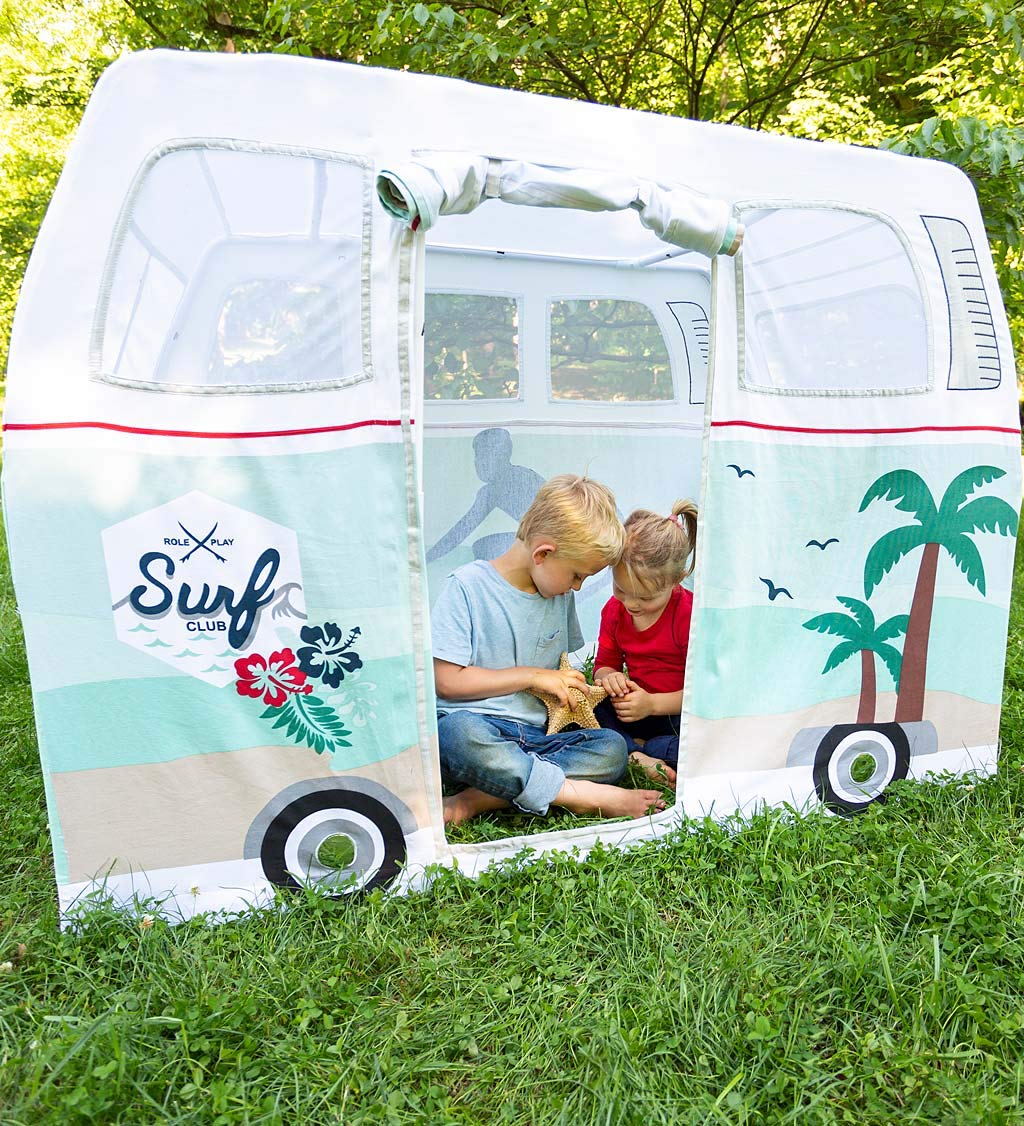 Premium Kids' Surfing Camper Playhouse Tent - 100% Cotton Canvas Indoor/Outdoor Play Set with Durable Steel Frame | Encourages Imagination & Creativity for Ages 3+ | Perfect for Backyard Adventures, Beach Trips & Pretend Play