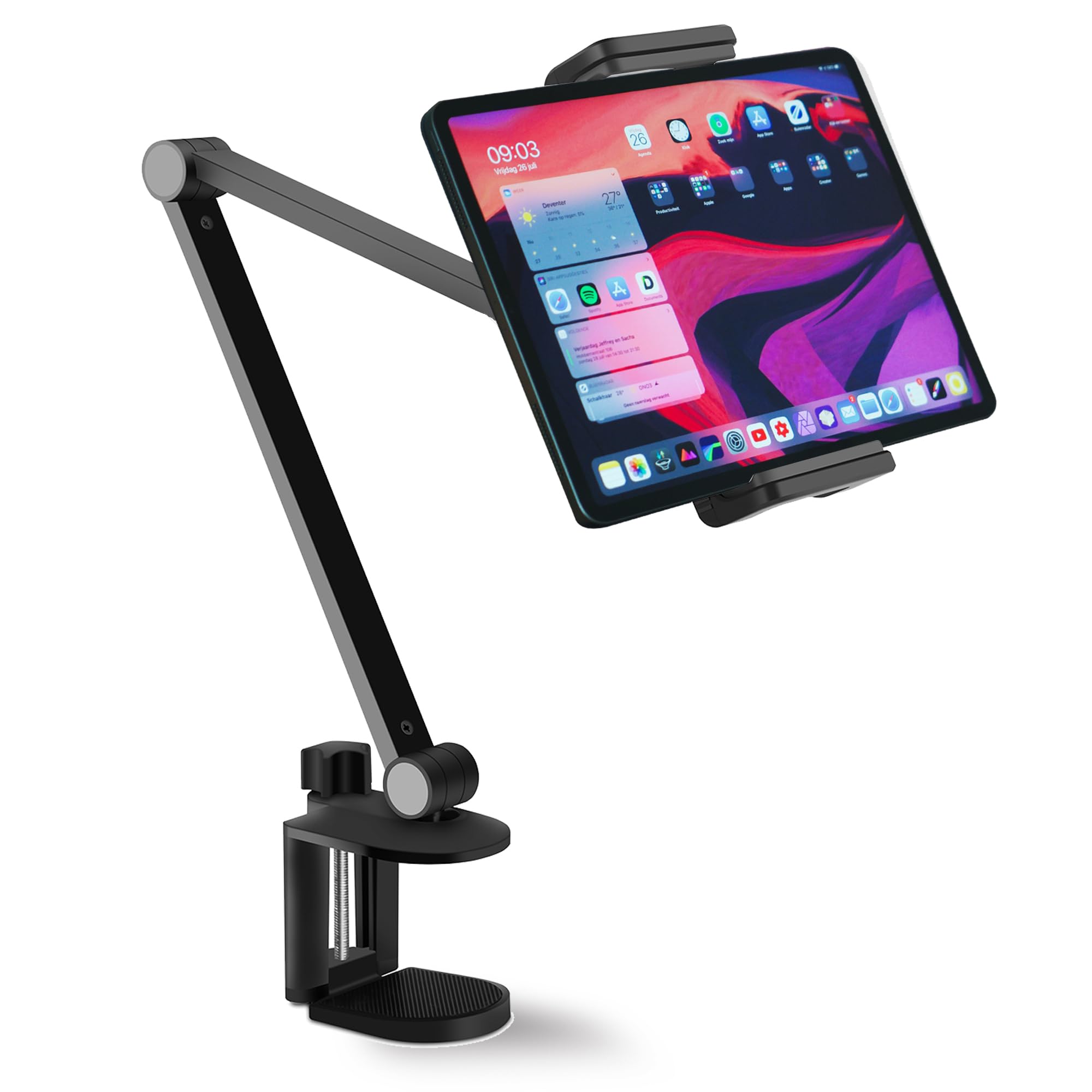 NueZoo Adjustable Aluminum iPad Stand Holder - 360° Swivel Long Arm Tablet Clamp Mount for Desk & Bed - Compatible with 4.5-13 inch Phones & Tablets (Black) - Perfect for Office Work, Reading, Watching Videos & Hands-Free Video Calls