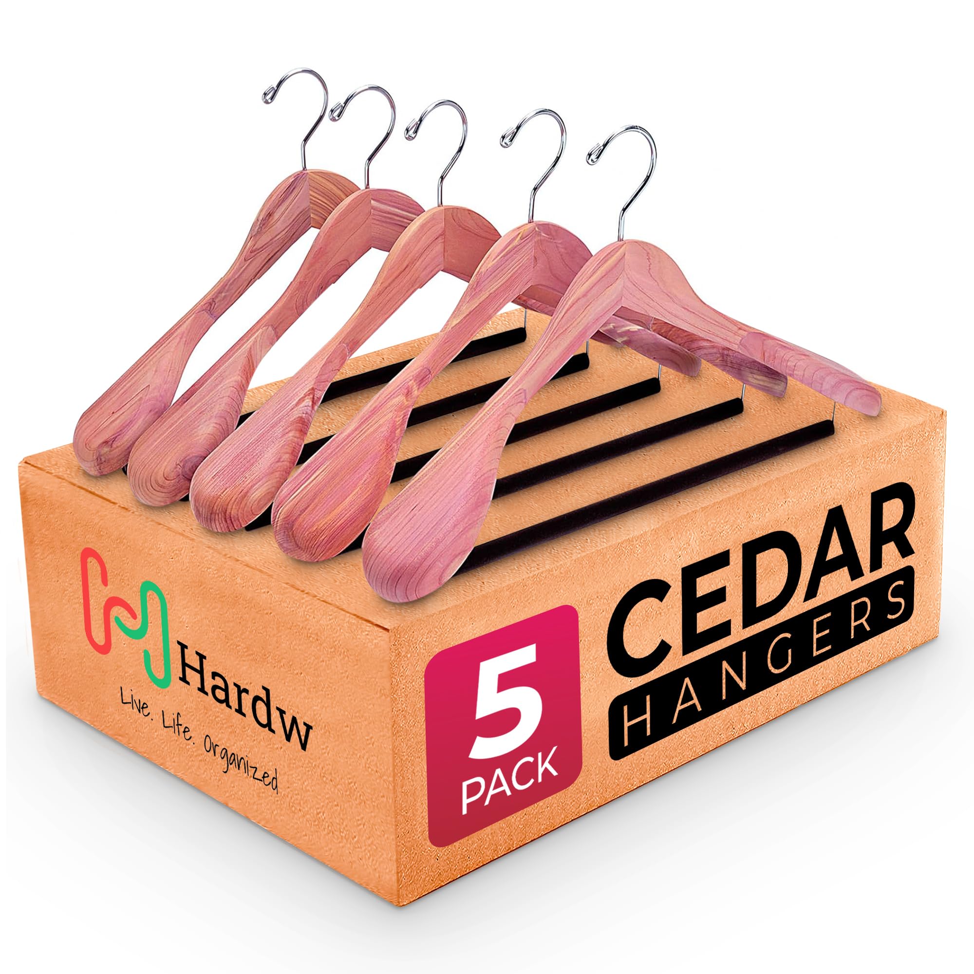 Premium 5-Pack Cedar Wood Hangers for Closet - Extra Wide Non-Slip Padded Suit Hangers with 360° Swivel Hook - Natural Aromatic American Cedar for Coats, Dresses & Jackets - Ideal for Luxury Wardrobe Organization & Fragrant Clothes Storage