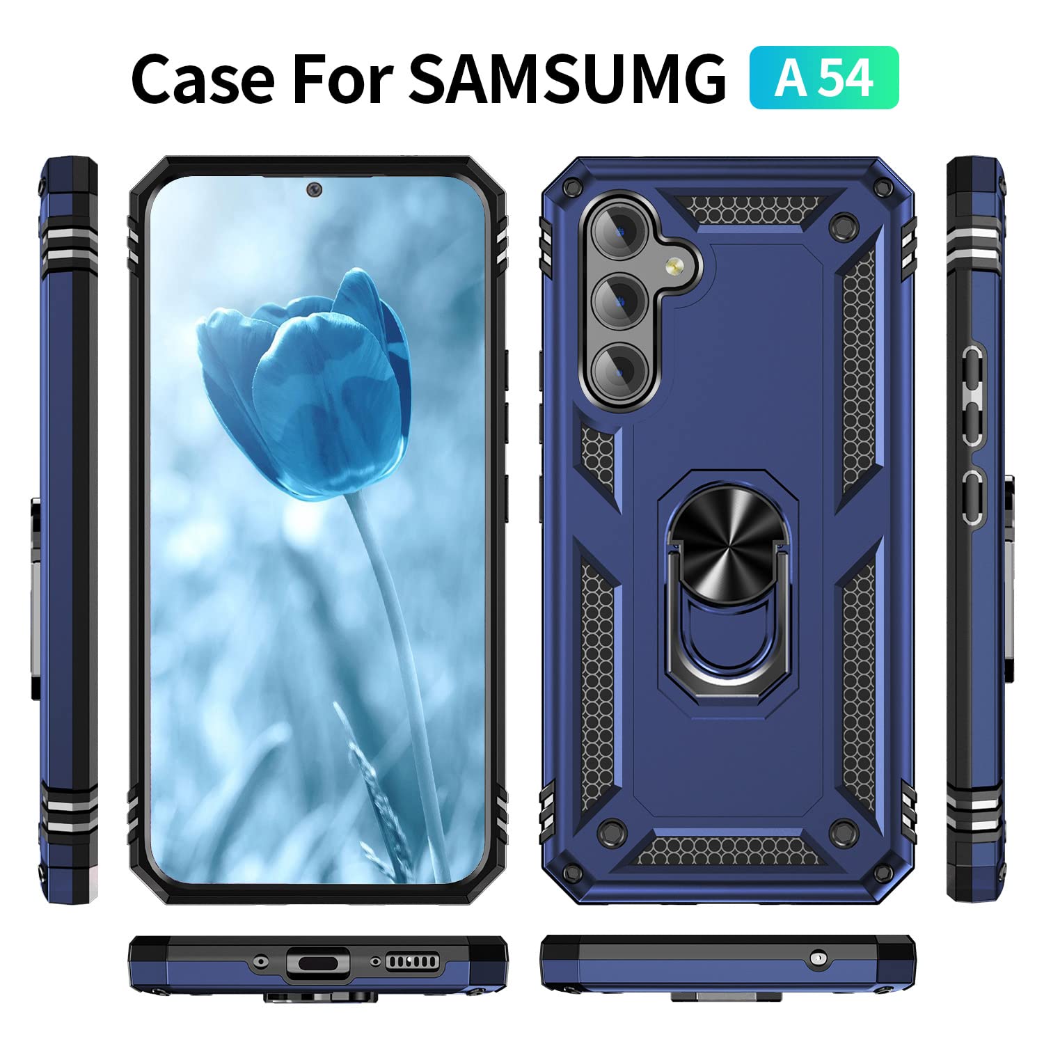 Premium Heavy Duty Samsung Galaxy A54 5G Phone Case with 360° Rotating Kickstand & Built-in Ring Stand - Shockproof Protective Cover for Men & Women (Blue) - Perfect for Workouts, Travel & Everyday Use