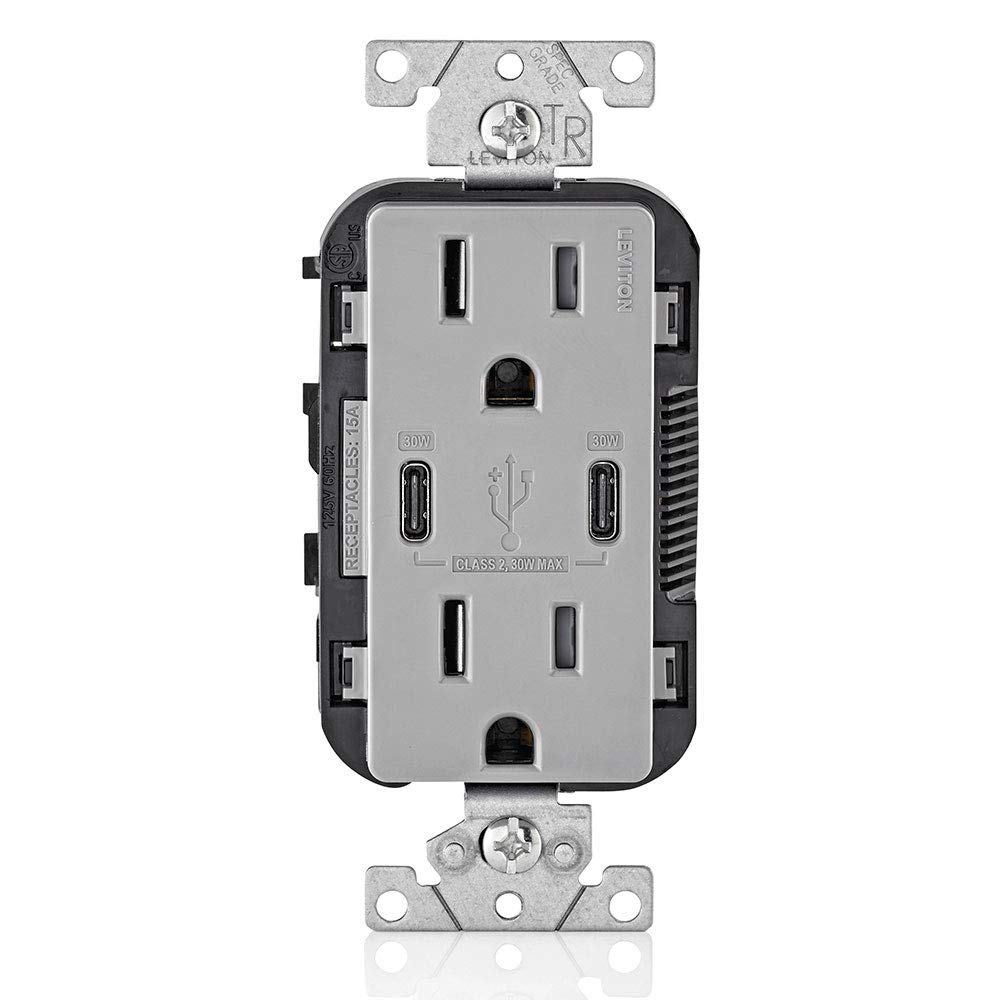 **Leviton T5635-G 6-Pack USB Dual Type-C PD In-Wall Charger with 15A/125V Tamper-Resistant Outlet & Screwless Wallplates – Fast Charging for Smartphones, Tablets & Laptops – Perfect for Home, Office & Hotel Installations**