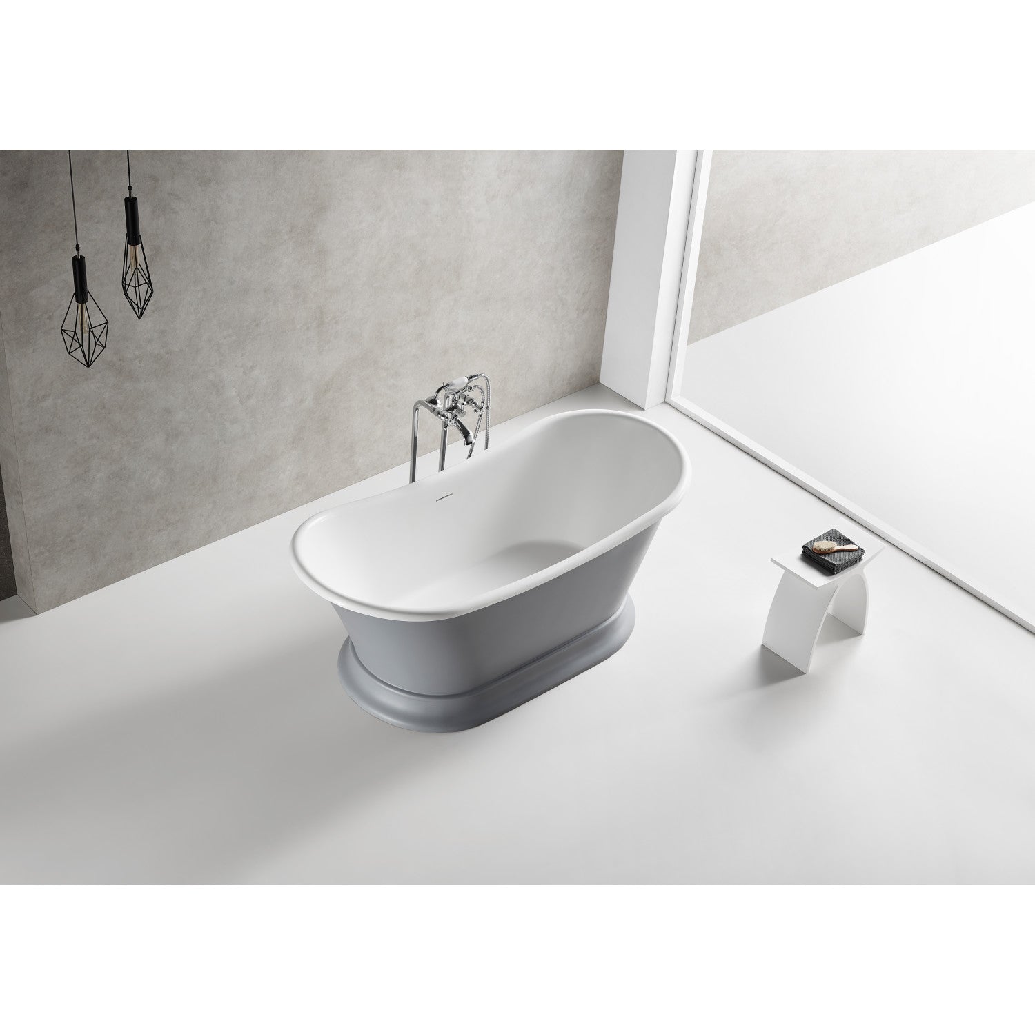 Arcticstone 68 Inch Solid Surface Oval Double Slipper Pedestal Bathtub - Matte Gray/Glossy White Freestanding Soaking Tub with Drain (No Faucet Holes) | Perfect for Luxury Bathrooms, Spa Retreats & Master Suite Relaxation