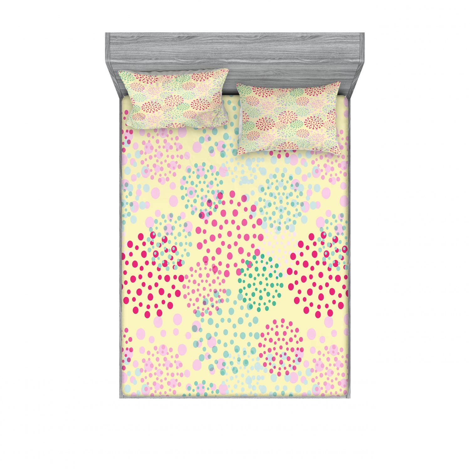 Ambesonne 2-Pack Full Size Fitted Sheet Set with 4 Pillow Shams - Floral Polka Dot Pattern Colorful Bedding Collection for Home Decor | Perfect for Guest Rooms, Dormitories & Cozy Bedroom Makeovers