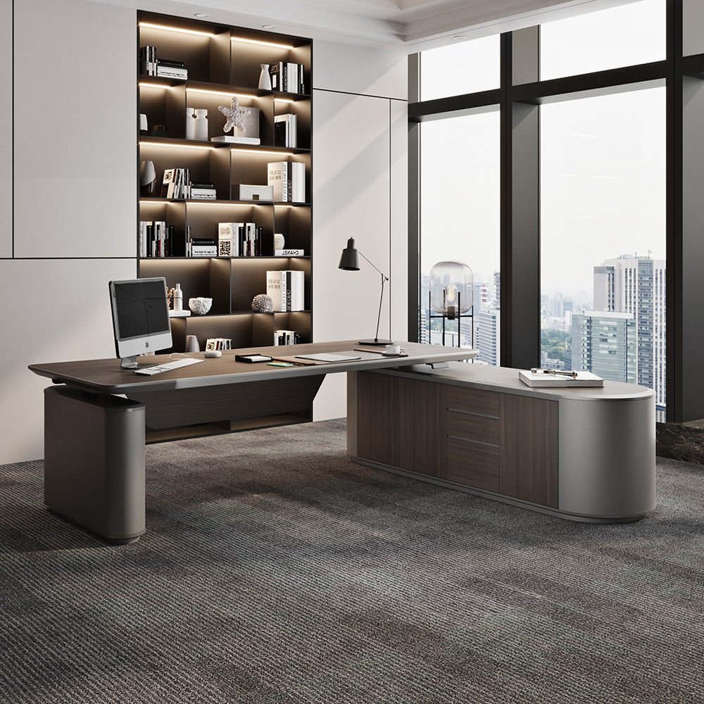 LUCA Electric Height Adjustable Sit Stand Desk 240cm - Hazelnut & Grey Finish, Ergonomic Executive Office Desk with Reversible Return for Home & Workspace