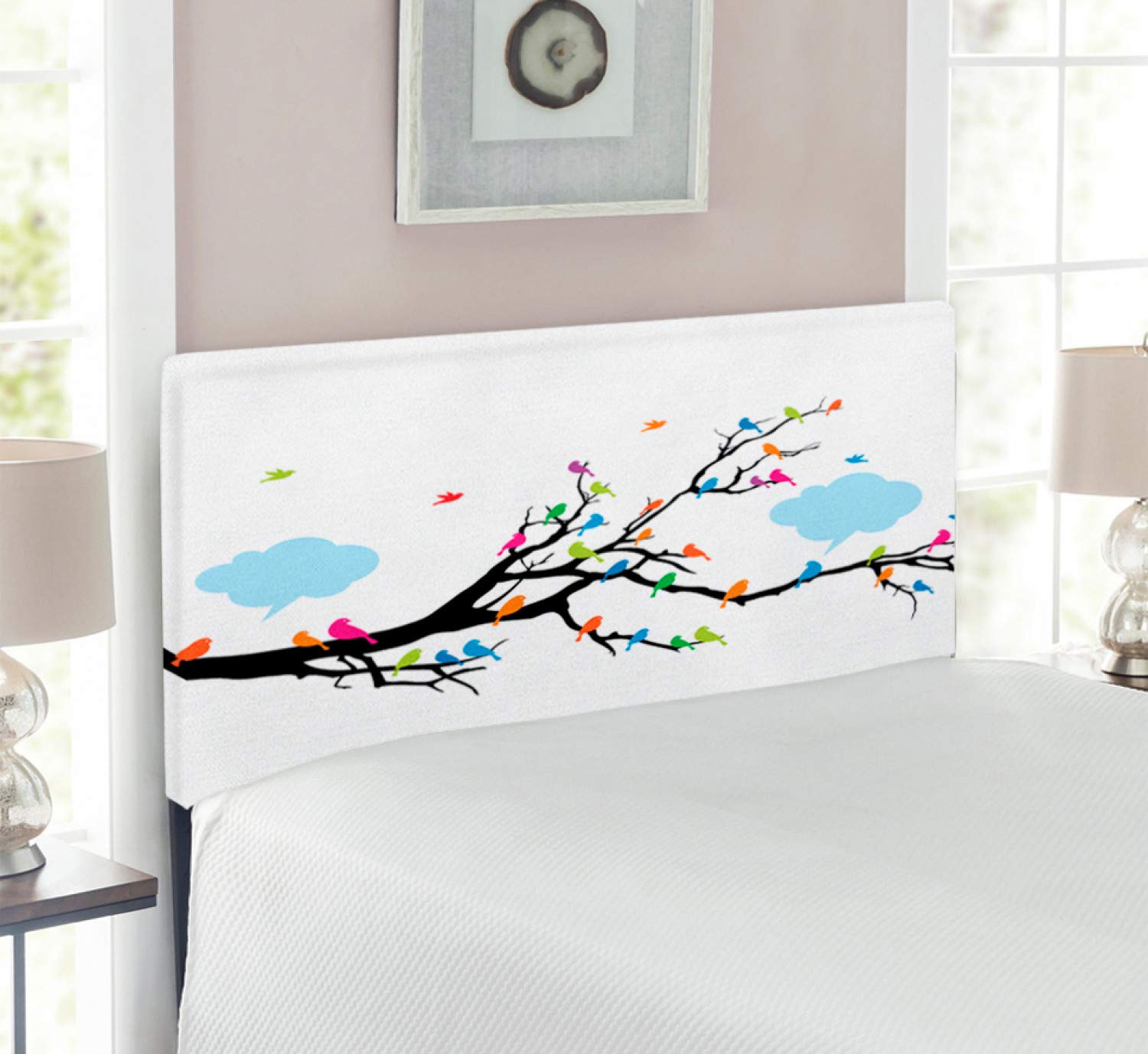 Ambesonne Colorful Winged Birds Headboard - Upholstered Decorative Metal Bed Headboard with Memory Foam, Twin Size, Multicolor - Perfect for Kids Room, Guest Bedroom & Cozy Home Decor