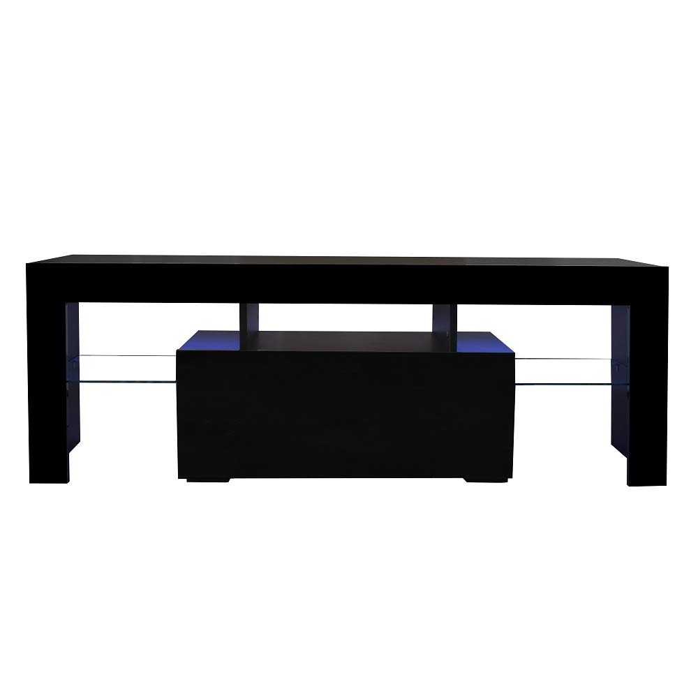 55 Inch Wood TV Stand with LED Lights - Modern Media Console for Living Room, Bedroom & Lounge - Entertainment Center for Gaming Consoles & TV Storage - Black