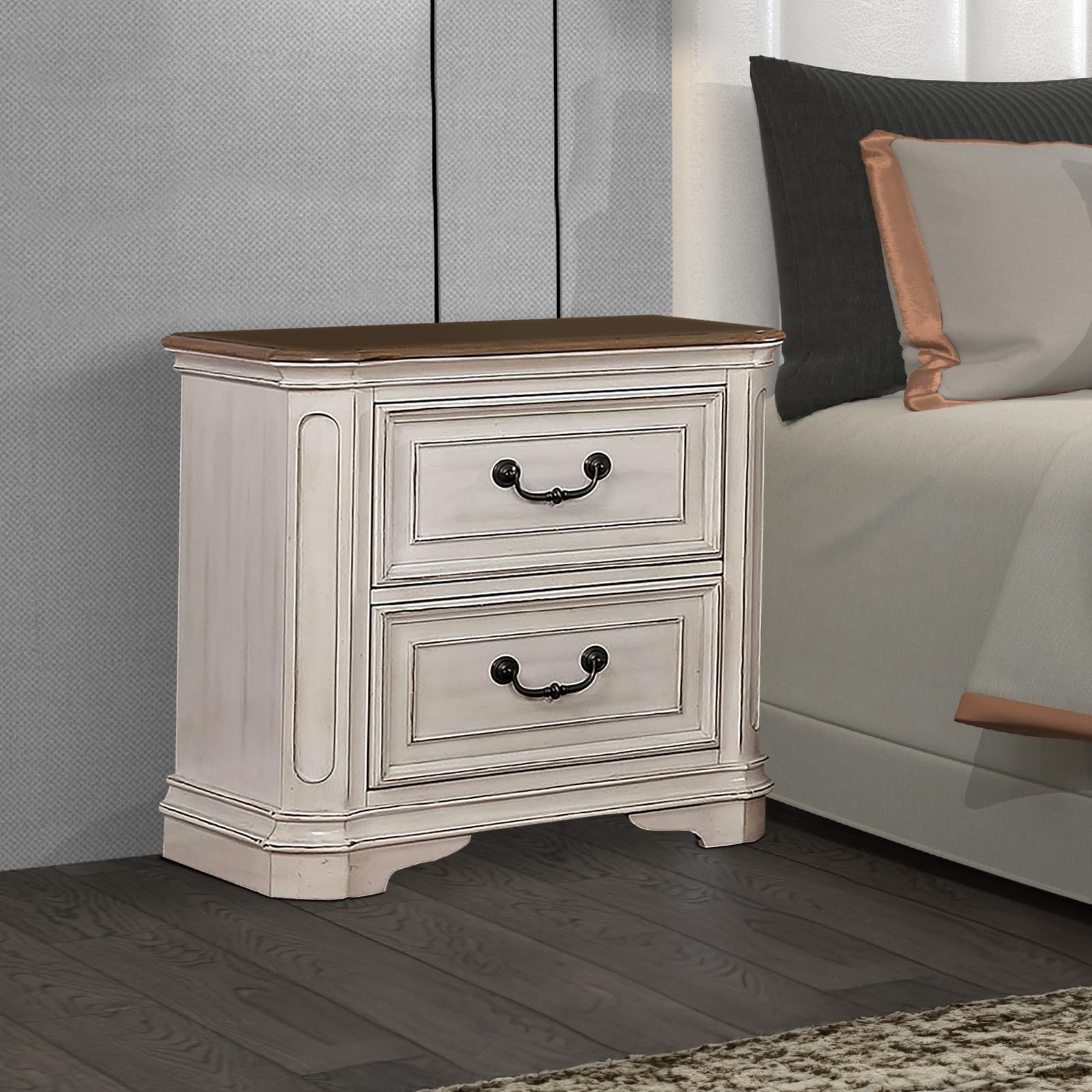 Benjara White Transitional Wooden Nightstand with 2 Drawers & Bracket Legs - Perfect for Bedroom, Living Room or Guest Room Furniture