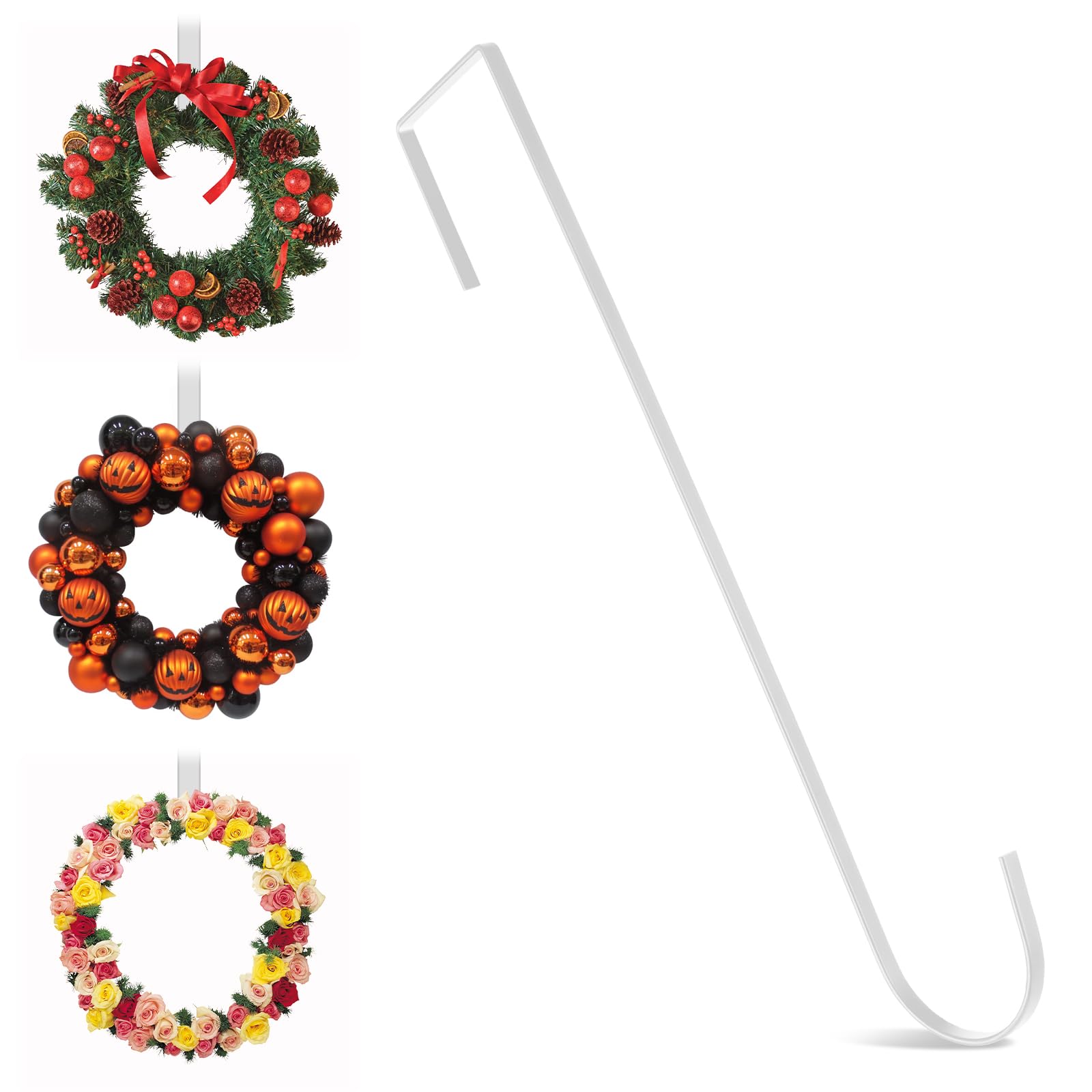 Stainless Steel Wreath Hangers for Front Door - Heavy Duty Over The Door Hooks for Indoor/Outdoor Use - Perfect for Easter, Spring, Halloween & Christmas Decor - White Welcome Wreath Holder for Seasonal Home Decorations